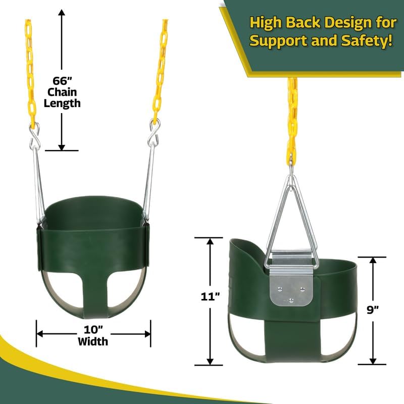 Eastern Jungle Gym Heavy-Duty High Back Full Bucket Toddler Swing Seat with Coated Chains – Fully Assembled (Green)