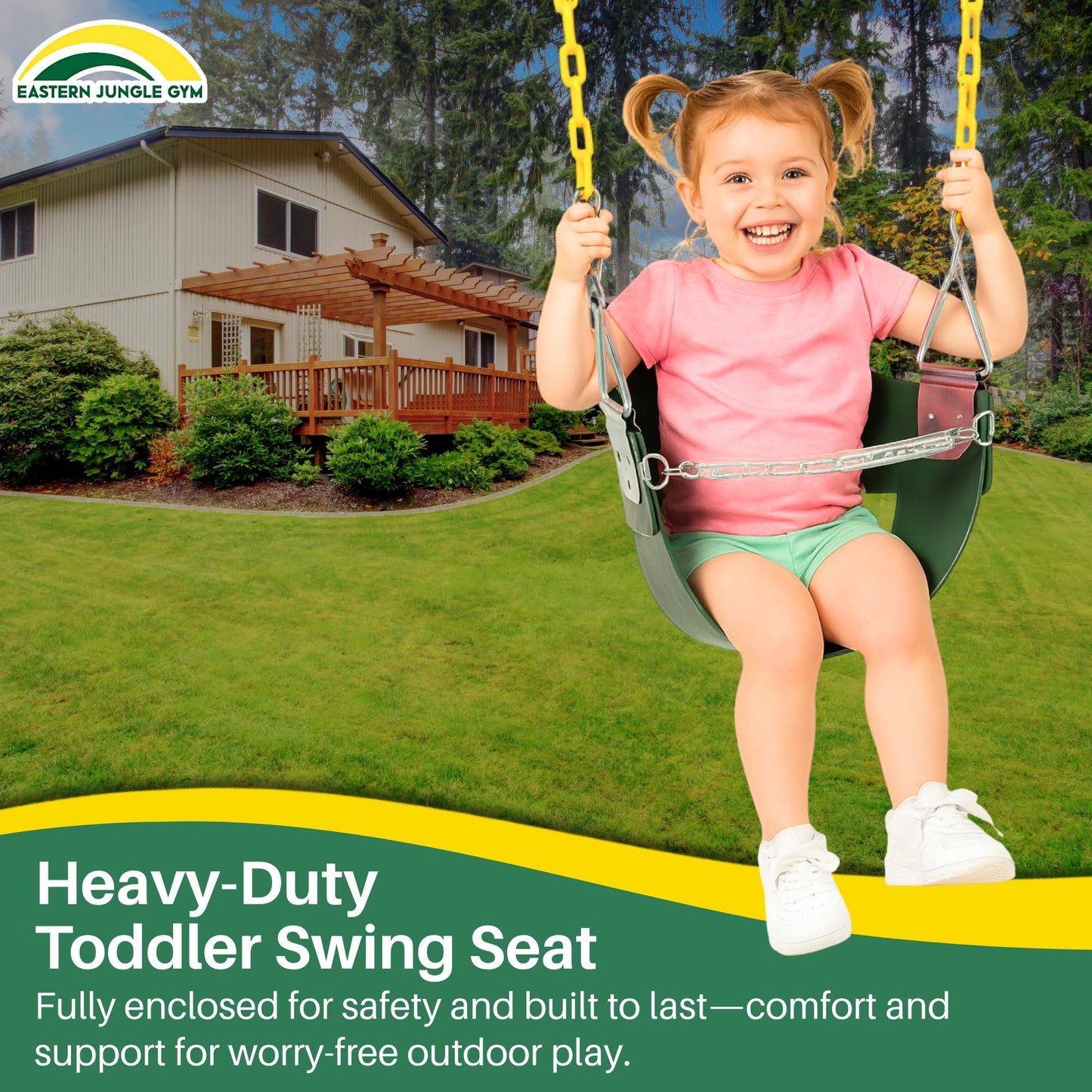 Eastern Jungle Gym Heavy-Duty High Back Half Bucket Toddler Swing with Coated Chains and Safety Strap