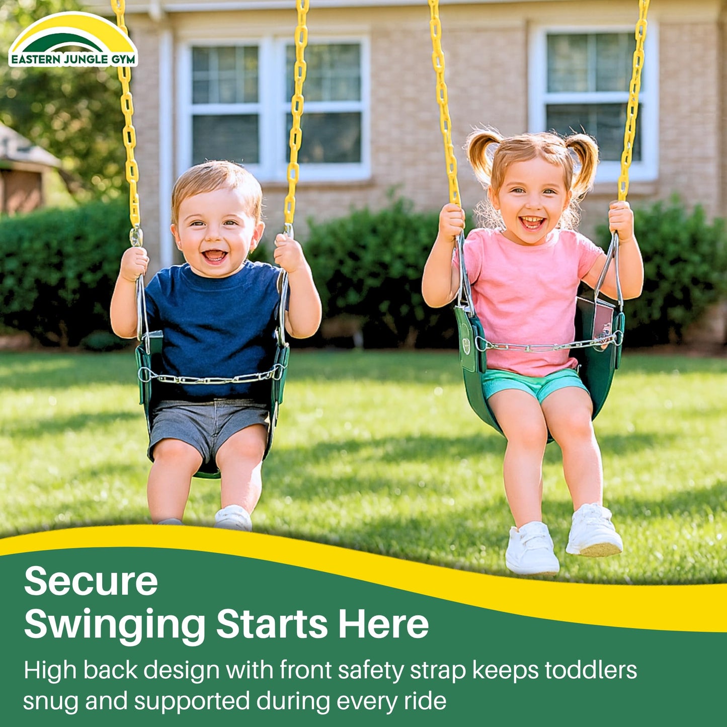 Eastern Jungle Gym Heavy-Duty High Back Half Bucket Toddler Swing with Coated Chains and Safety Strap