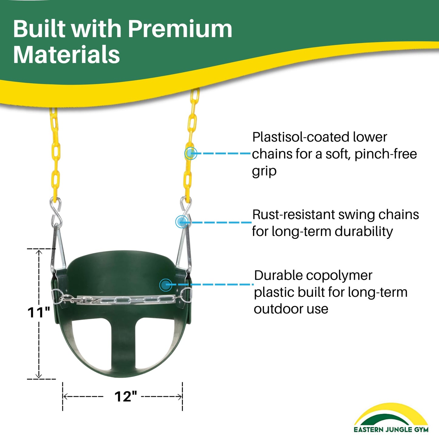 Eastern Jungle Gym Heavy-Duty High Back Half Bucket Toddler Swing with Coated Chains and Safety Strap