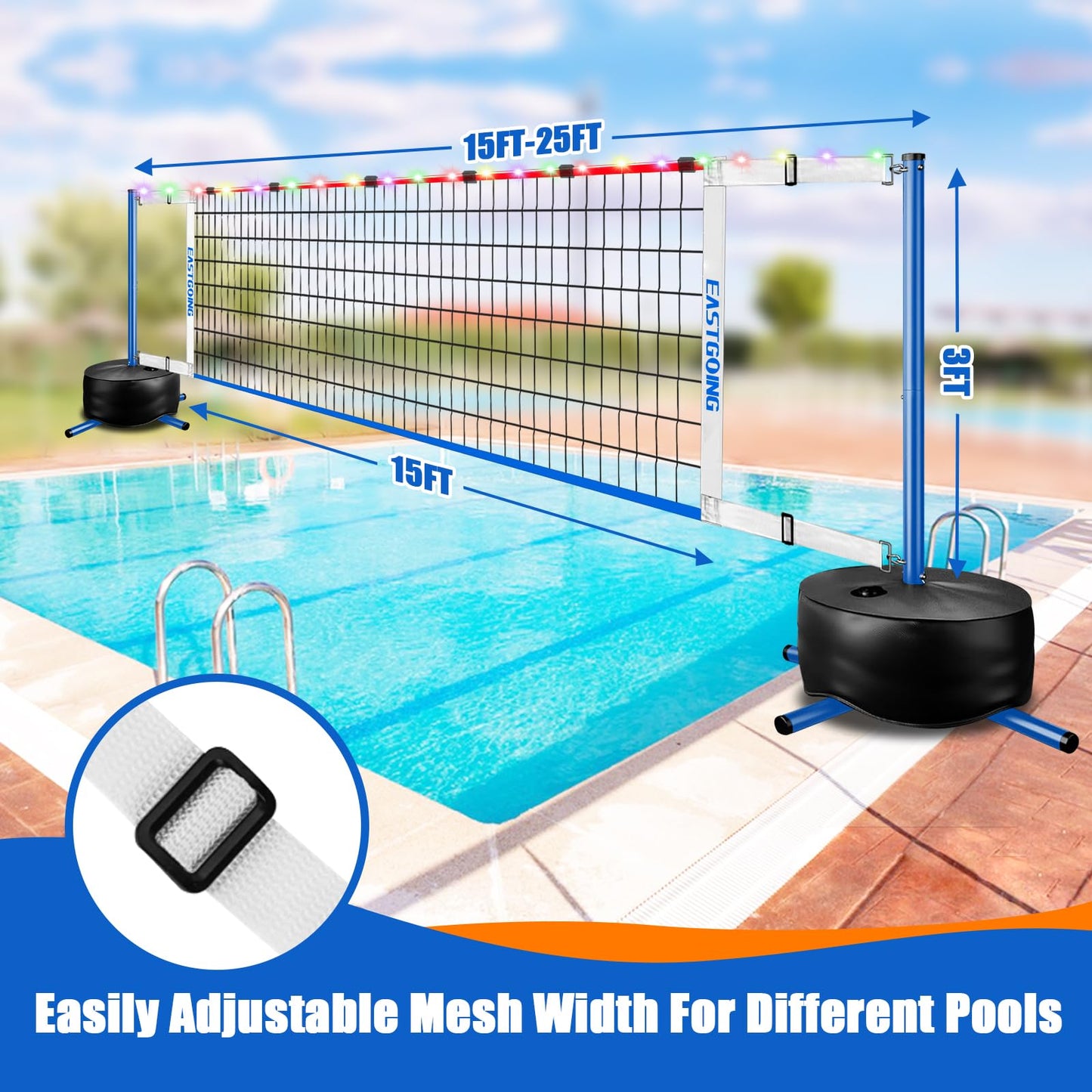 Eastgoing Pool Volleyball Net Set with LED Light – Adjustable 15-25 ft