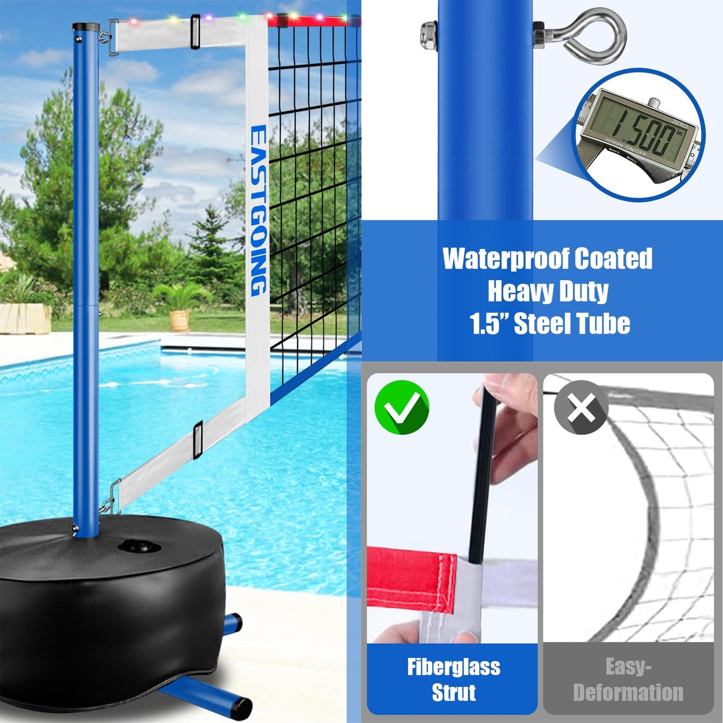 Eastgoing Pool Volleyball Net Set with LED Light – Adjustable 15-25 ft