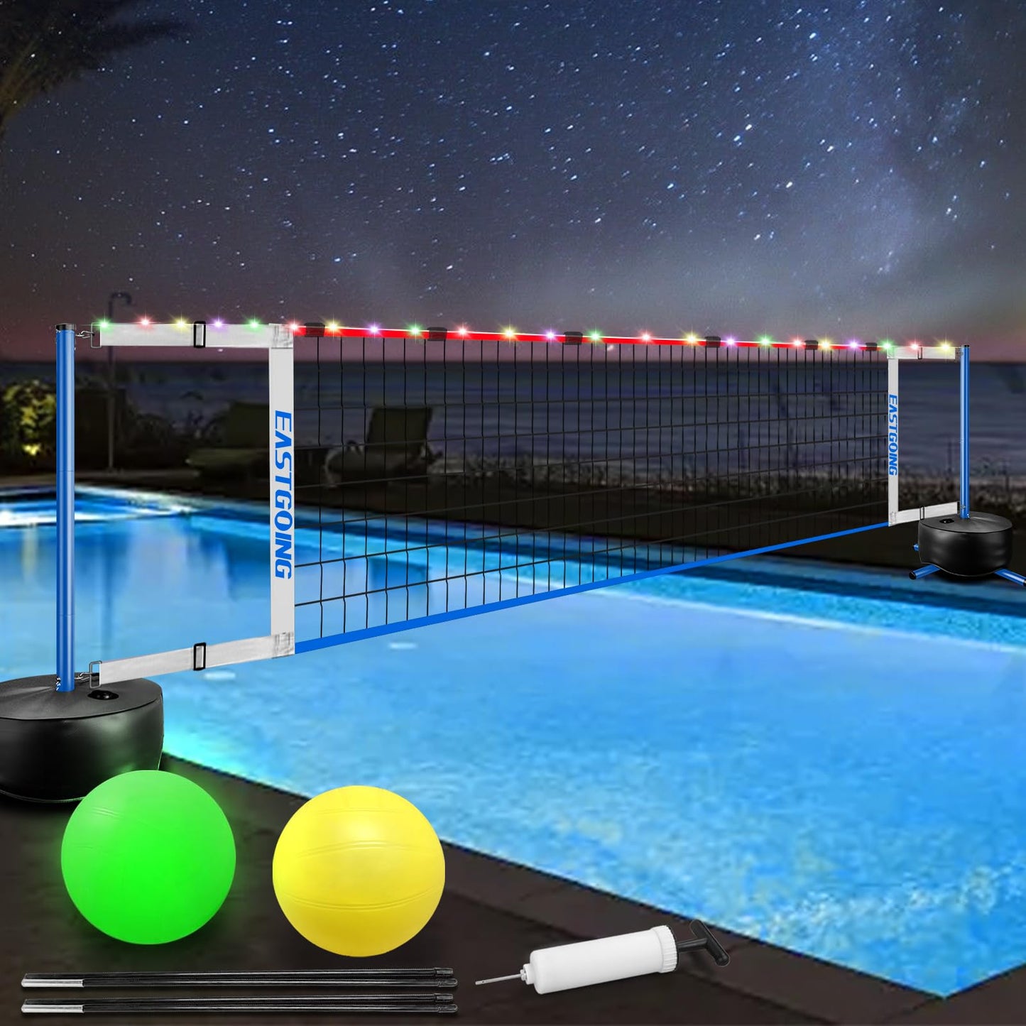 Eastgoing Pool Volleyball Net Set with LED Light – Adjustable 15-25 ft