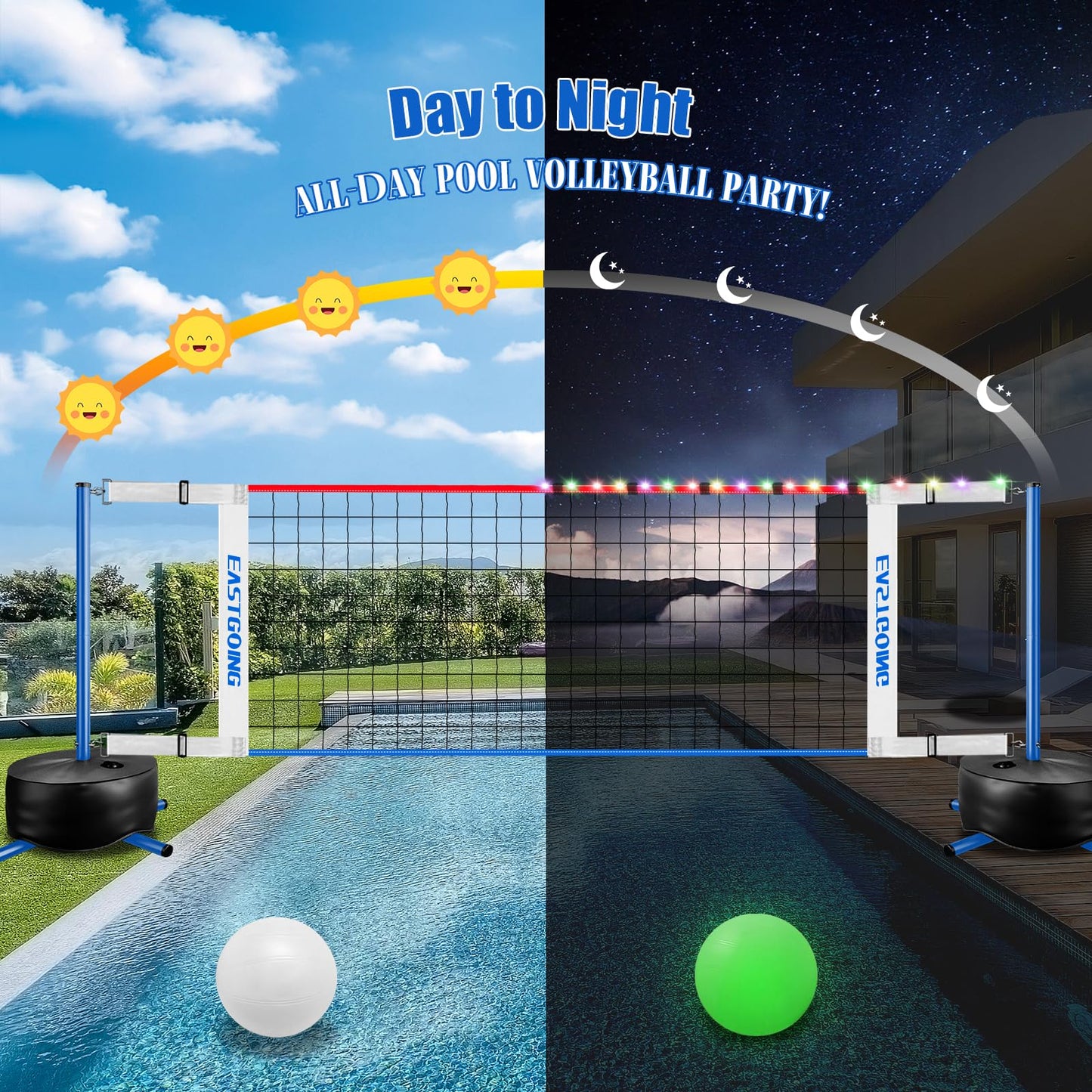 Eastgoing Pool Volleyball Net Set with LED Light – Adjustable 15-25 ft