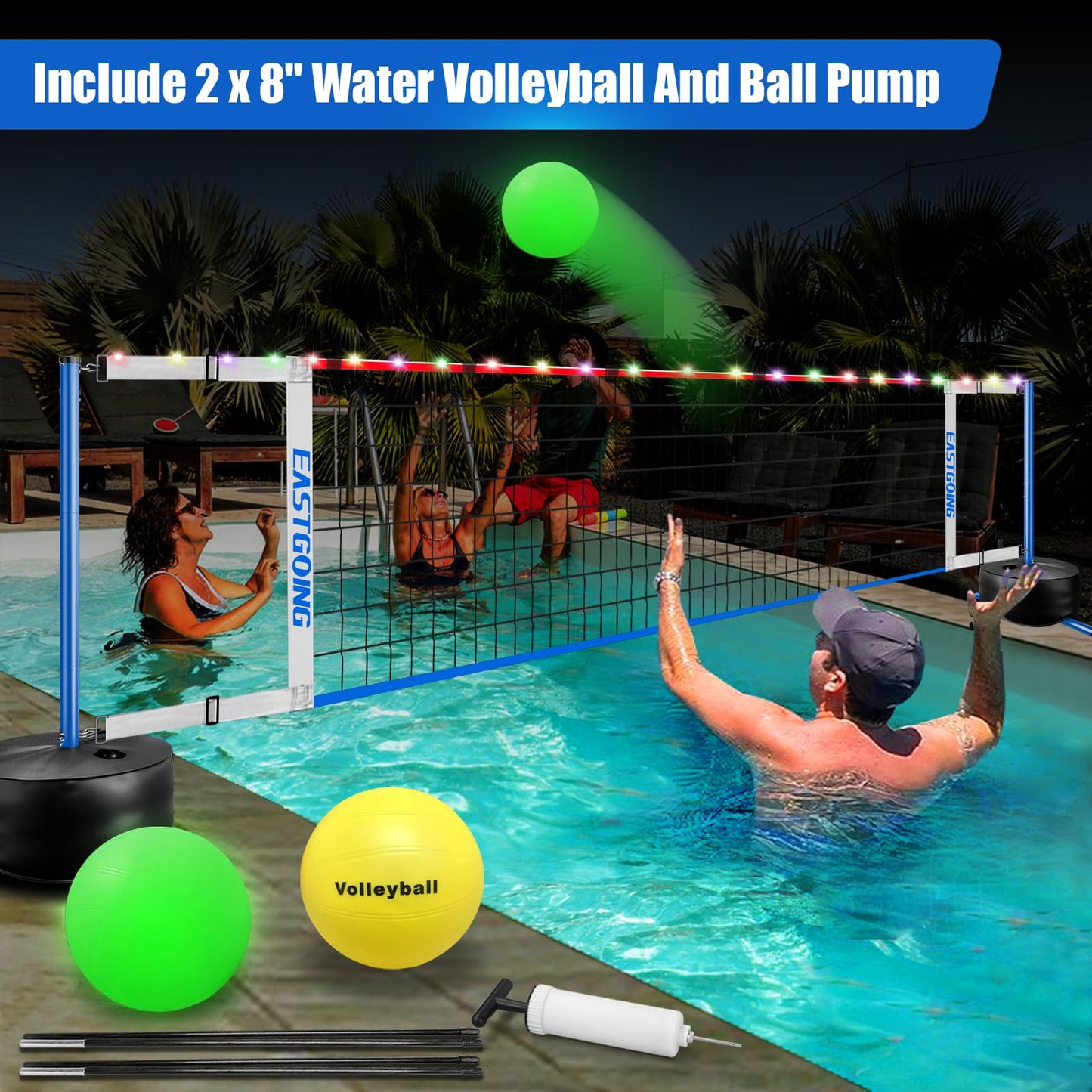 Eastgoing Pool Volleyball Net Set with LED Light – Adjustable 15-25 ft
