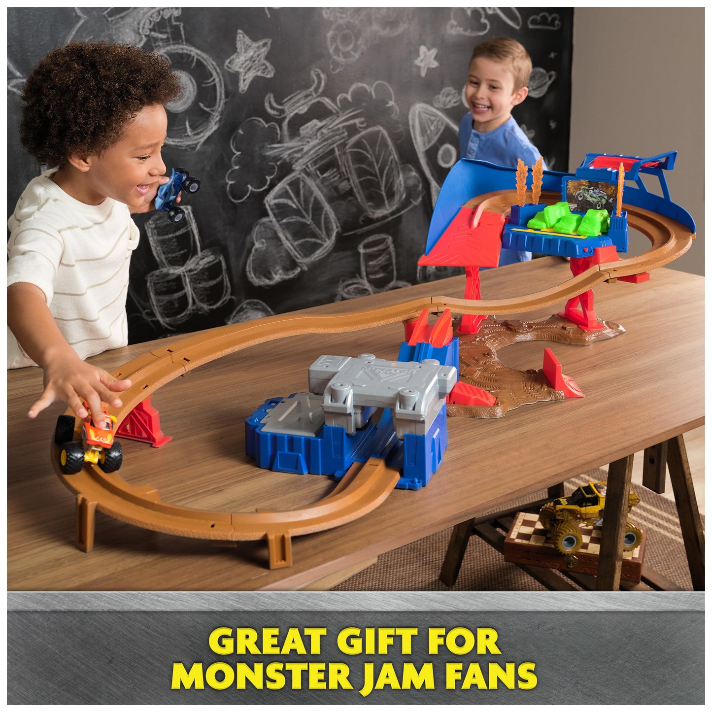 Monster Jam Supercharge Speedway Playset – Megalodon & El Toro Loco 1:64 Trucks, Light-Up World Finals Track