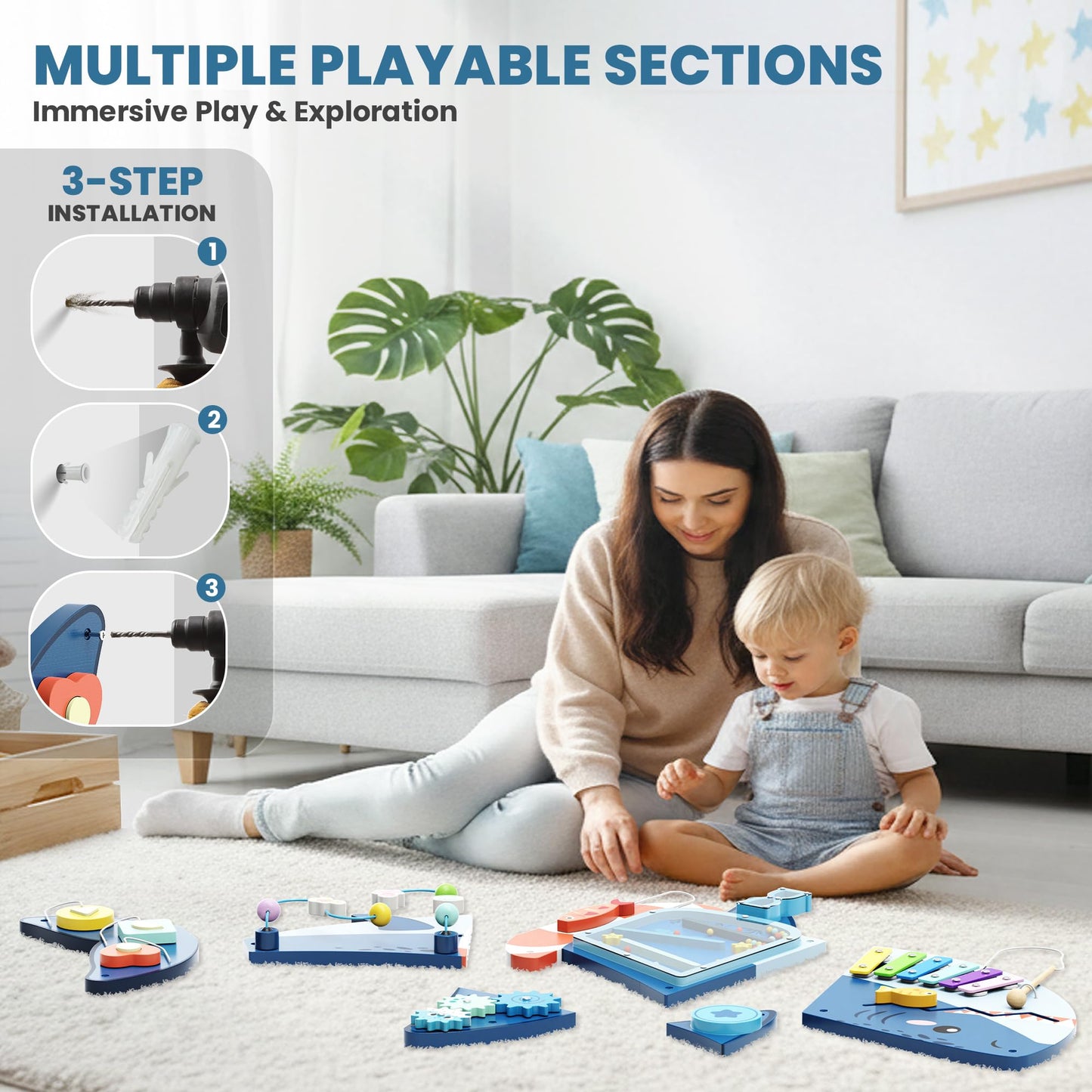 Easyego Wall Busy Board Panels – Montessori Sensory Center for Toddlers (Shark Theme, Wooden Toy)