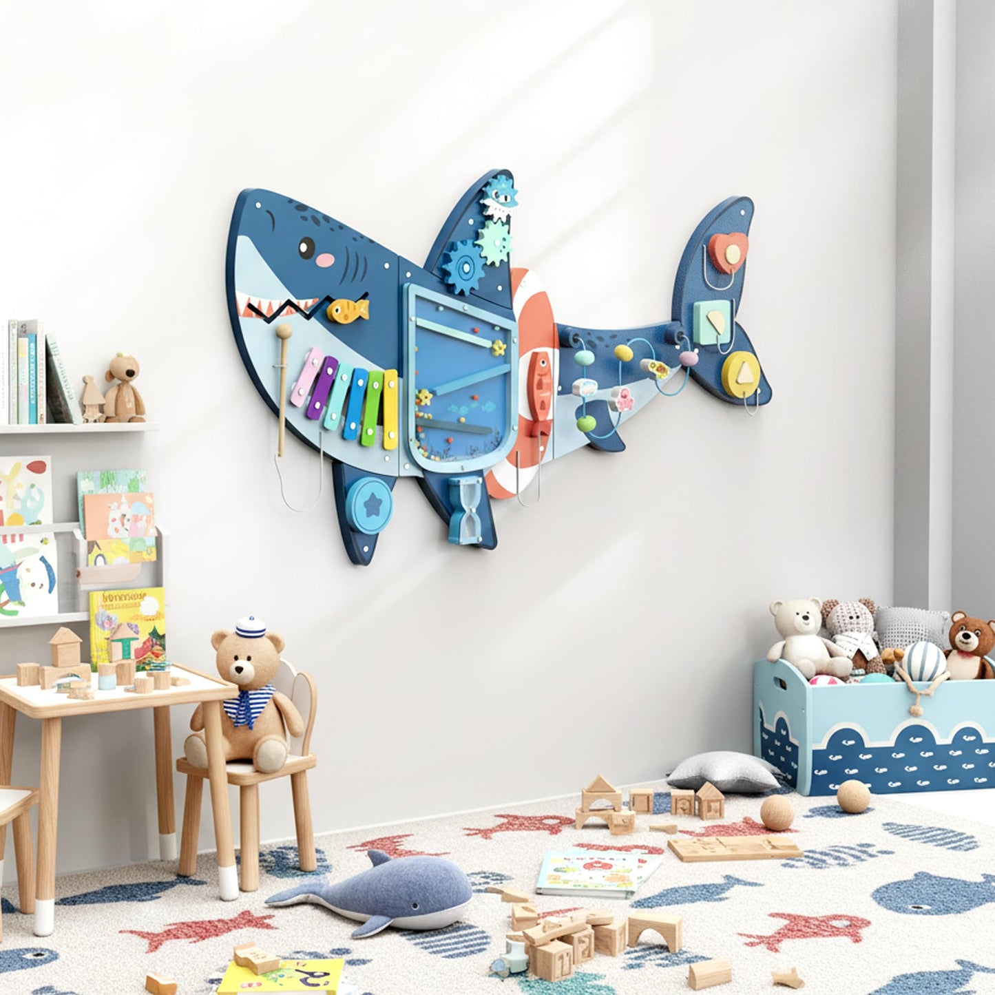 Easyego Wall Busy Board Panels – Montessori Sensory Center for Toddlers (Shark Theme, Wooden Toy)