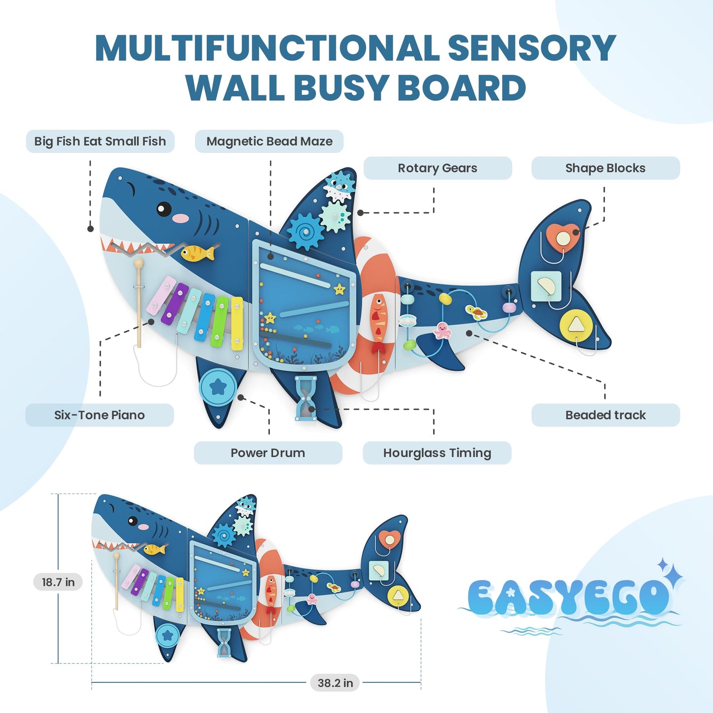 Easyego Wall Busy Board Panels – Montessori Sensory Center for Toddlers (Shark Theme, Wooden Toy)