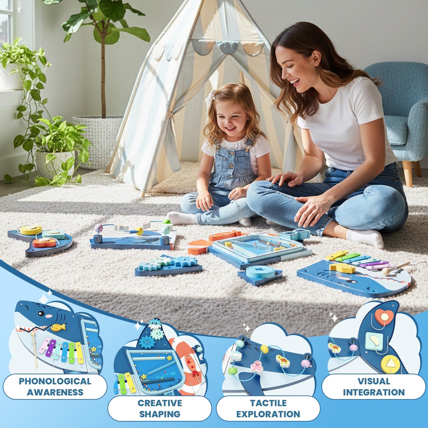 Easyego Wall Busy Board Panels – Montessori Sensory Center for Toddlers (Shark Theme, Wooden Toy)