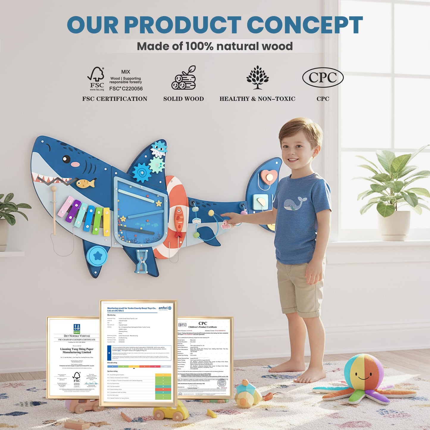 Easyego Wall Busy Board Panels – Montessori Sensory Center for Toddlers (Shark Theme, Wooden Toy)