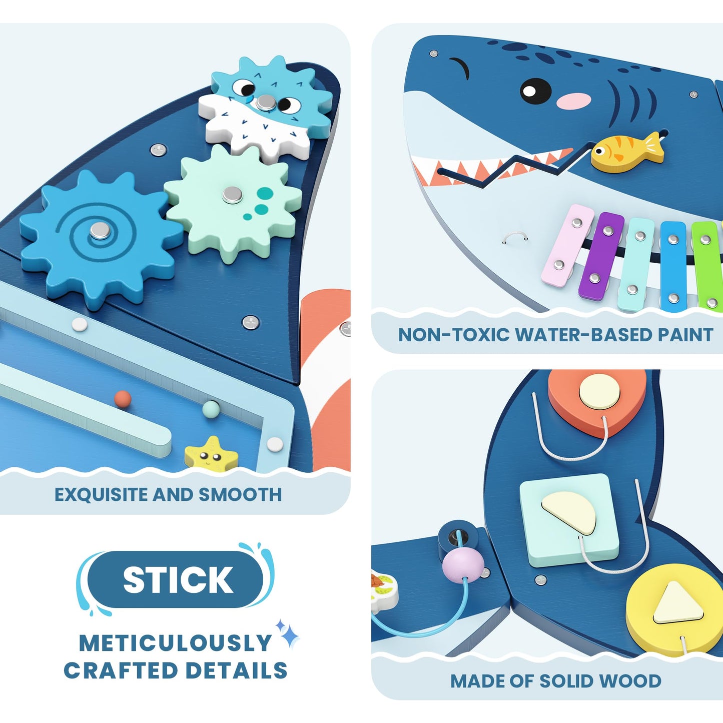 Easyego Wall Busy Board Panels – Montessori Sensory Center for Toddlers (Shark Theme, Wooden Toy)