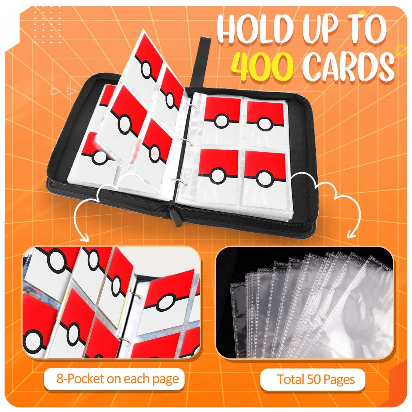 EASYFUN Card Binder 4 Pocket – Holds 400 Cards with 50 Removable Sleeves | Portable Game Card Case, Red