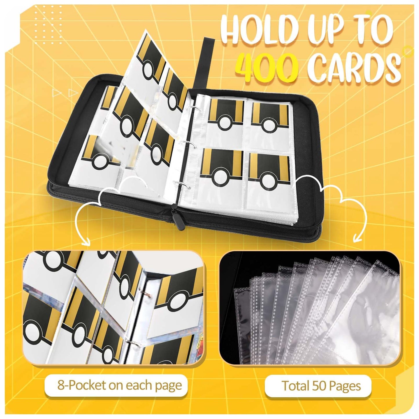 EASYFUN Card Binder 4 Pocket - Holds 400 Cards with 50 Removable Sleeves, Portable Album, Zippered Case - Black