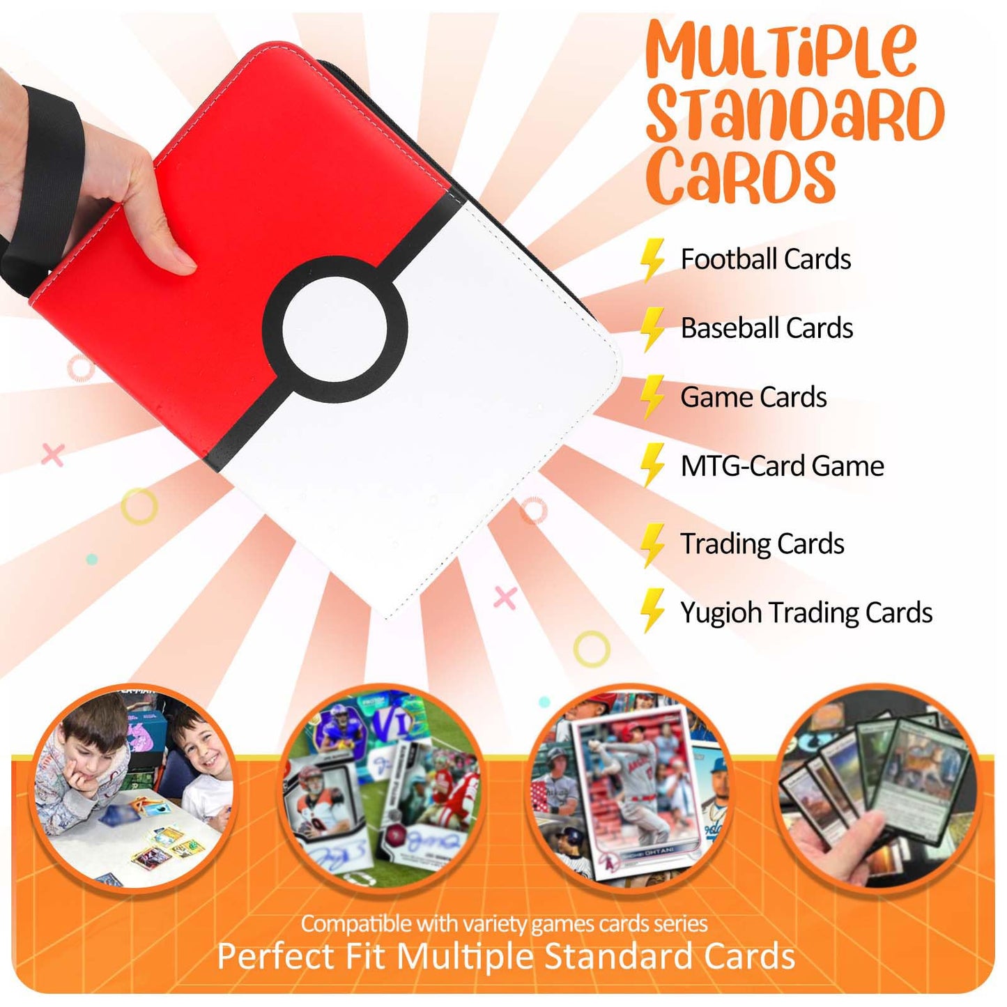 EASYFUN Card Binder 4 Pocket – Holds 400 Cards with 50 Removable Sleeves | Portable Game Card Case, Red