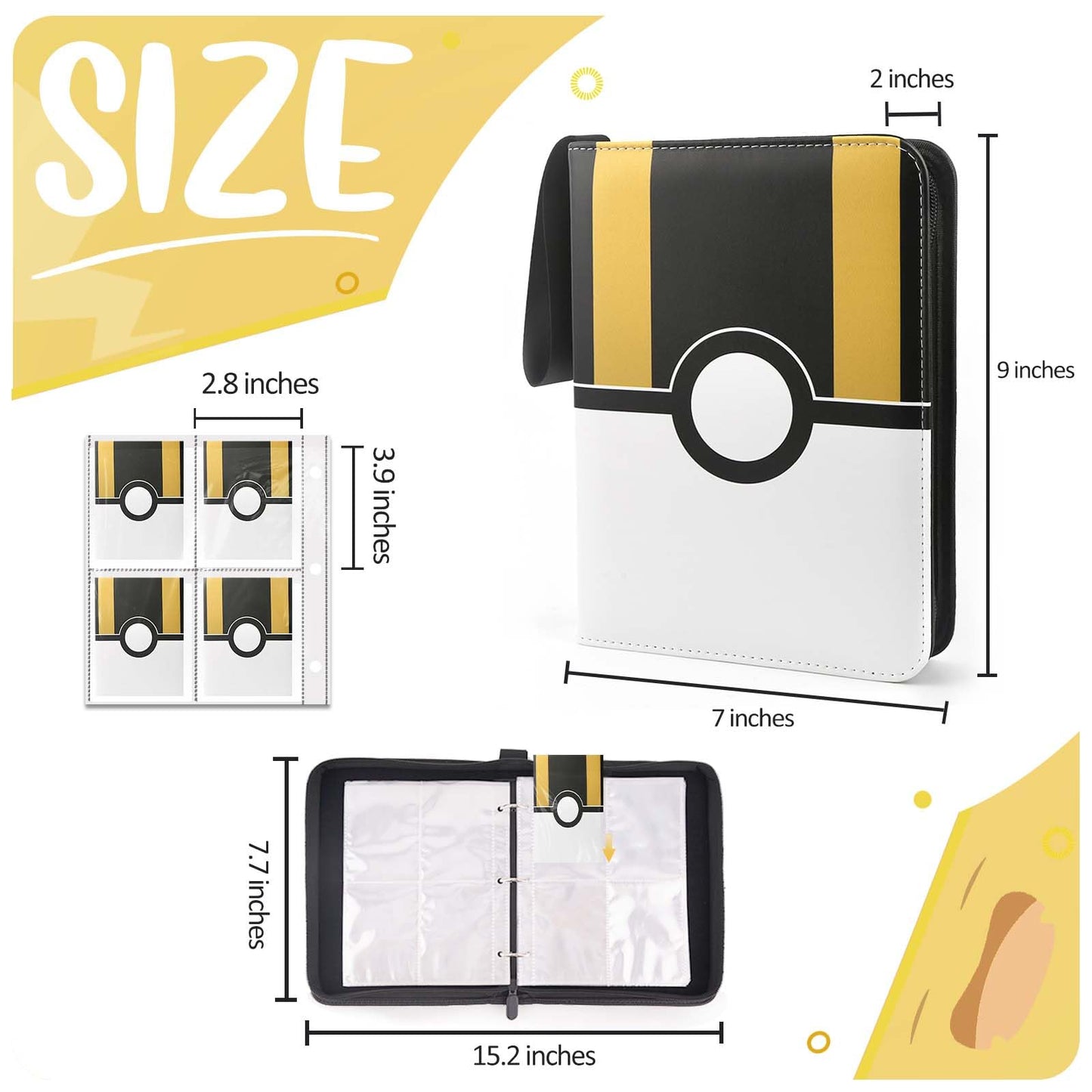 EASYFUN Card Binder 4 Pocket - Holds 400 Cards with 50 Removable Sleeves, Portable Album, Zippered Case - Black