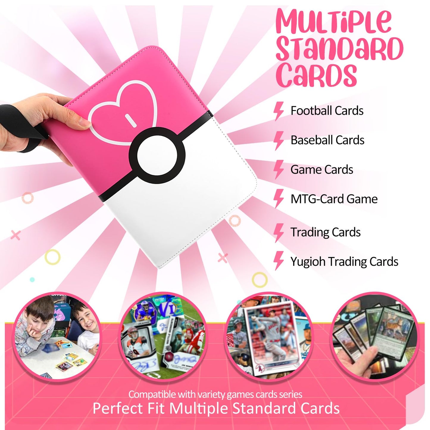 EASYFUN Card Binder 4 Pocket – Holds 400 Cards with 50 Removable Sleeves (Pink)
