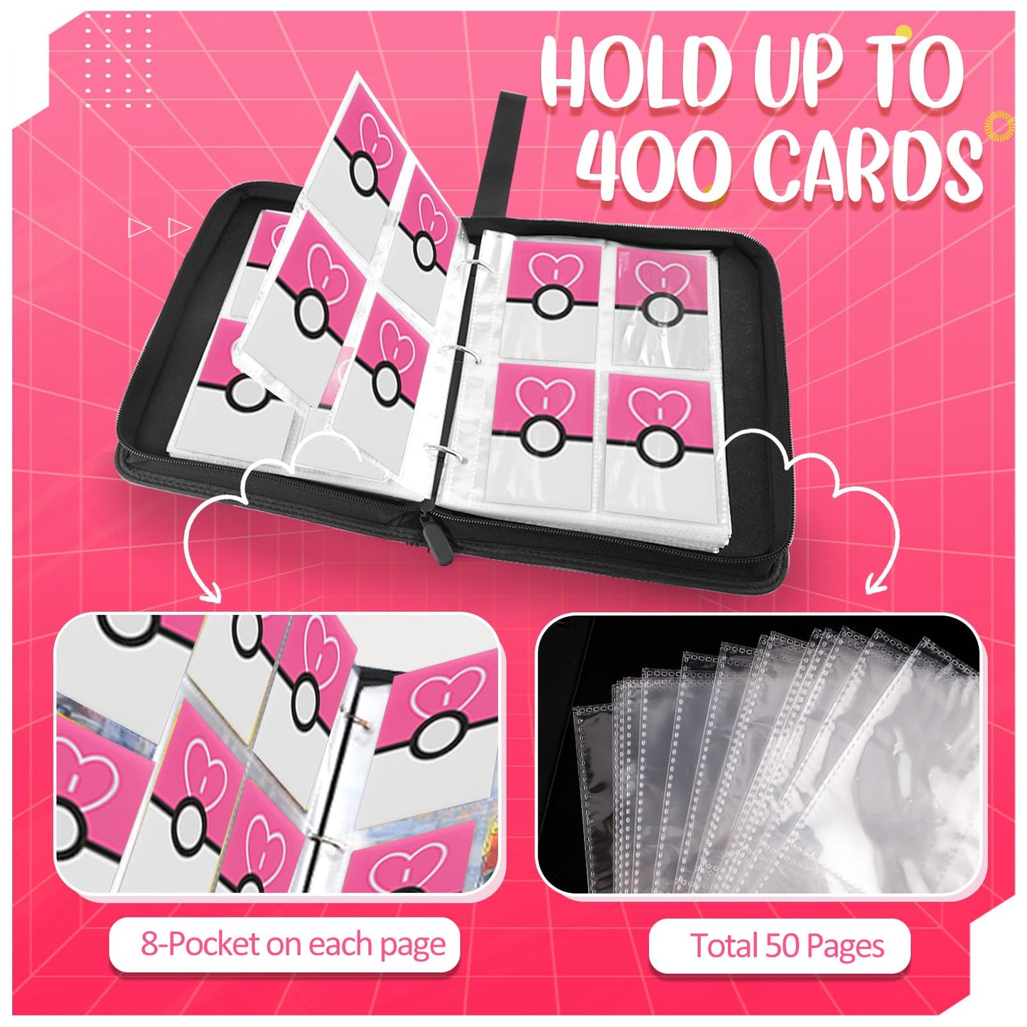 EASYFUN Card Binder 4 Pocket – Holds 400 Cards with 50 Removable Sleeves (Pink)
