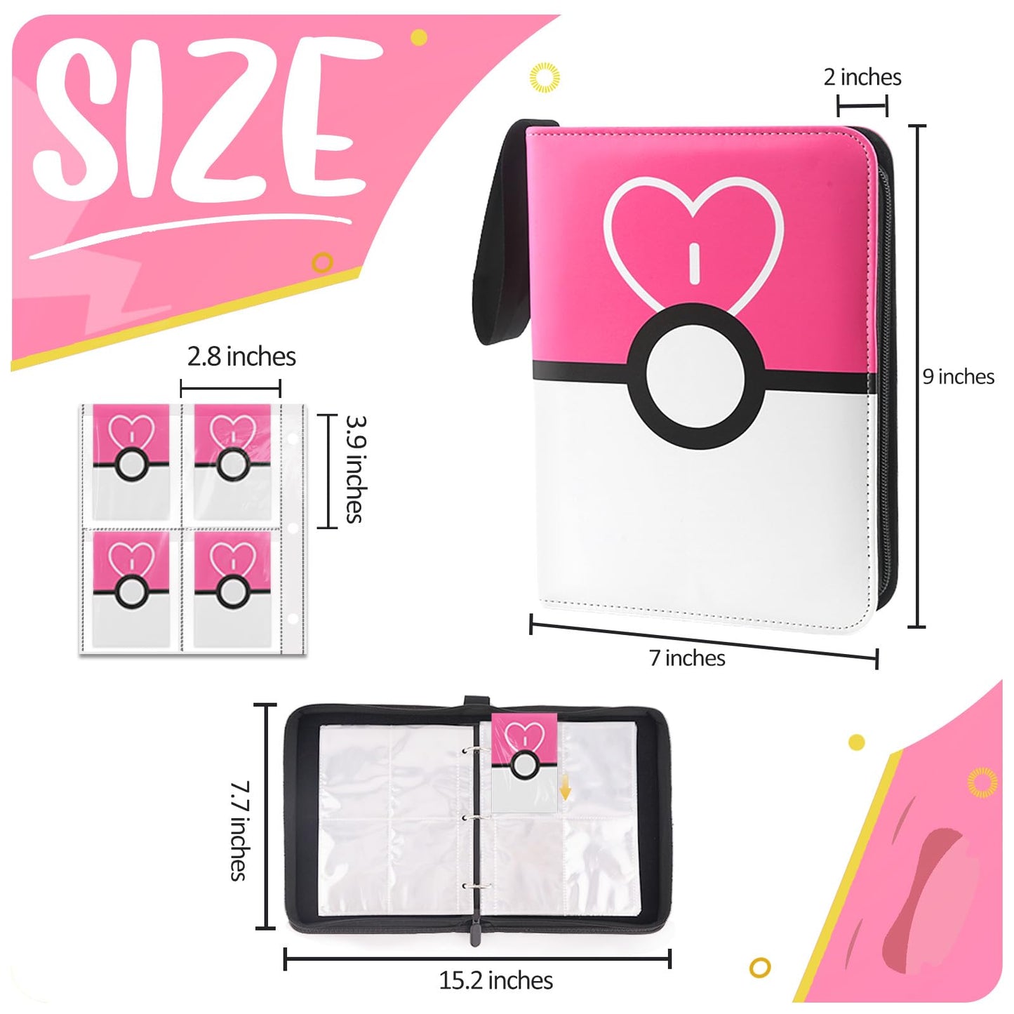 EASYFUN Card Binder 4 Pocket – Holds 400 Cards with 50 Removable Sleeves (Pink)