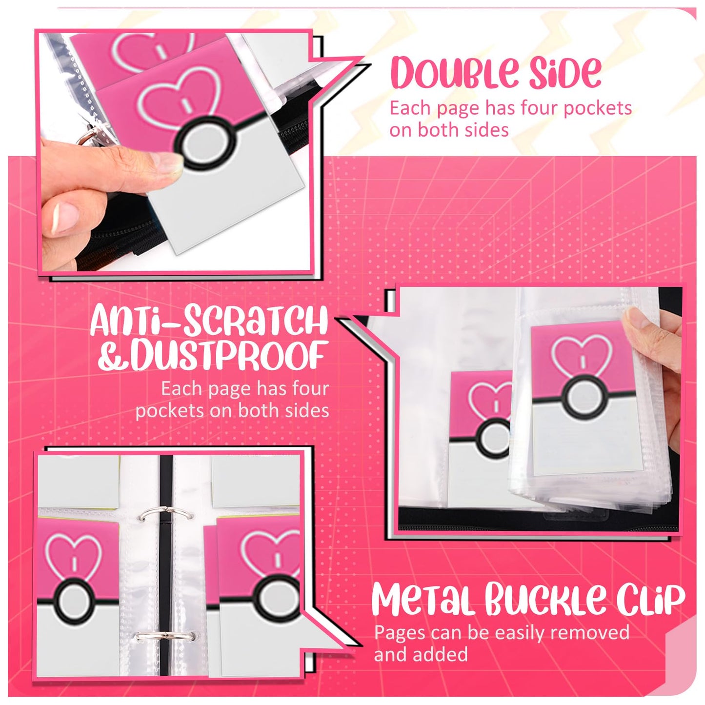 EASYFUN Card Binder 4 Pocket – Holds 400 Cards with 50 Removable Sleeves (Pink)