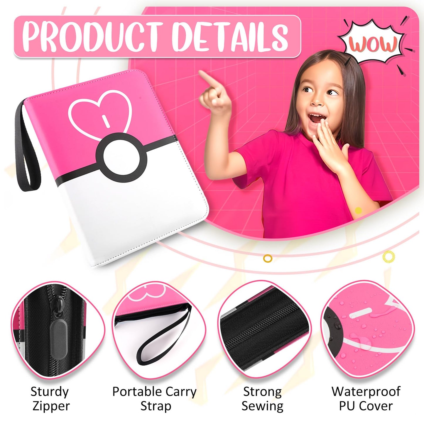 EASYFUN Card Binder 4 Pocket – Holds 400 Cards with 50 Removable Sleeves (Pink)