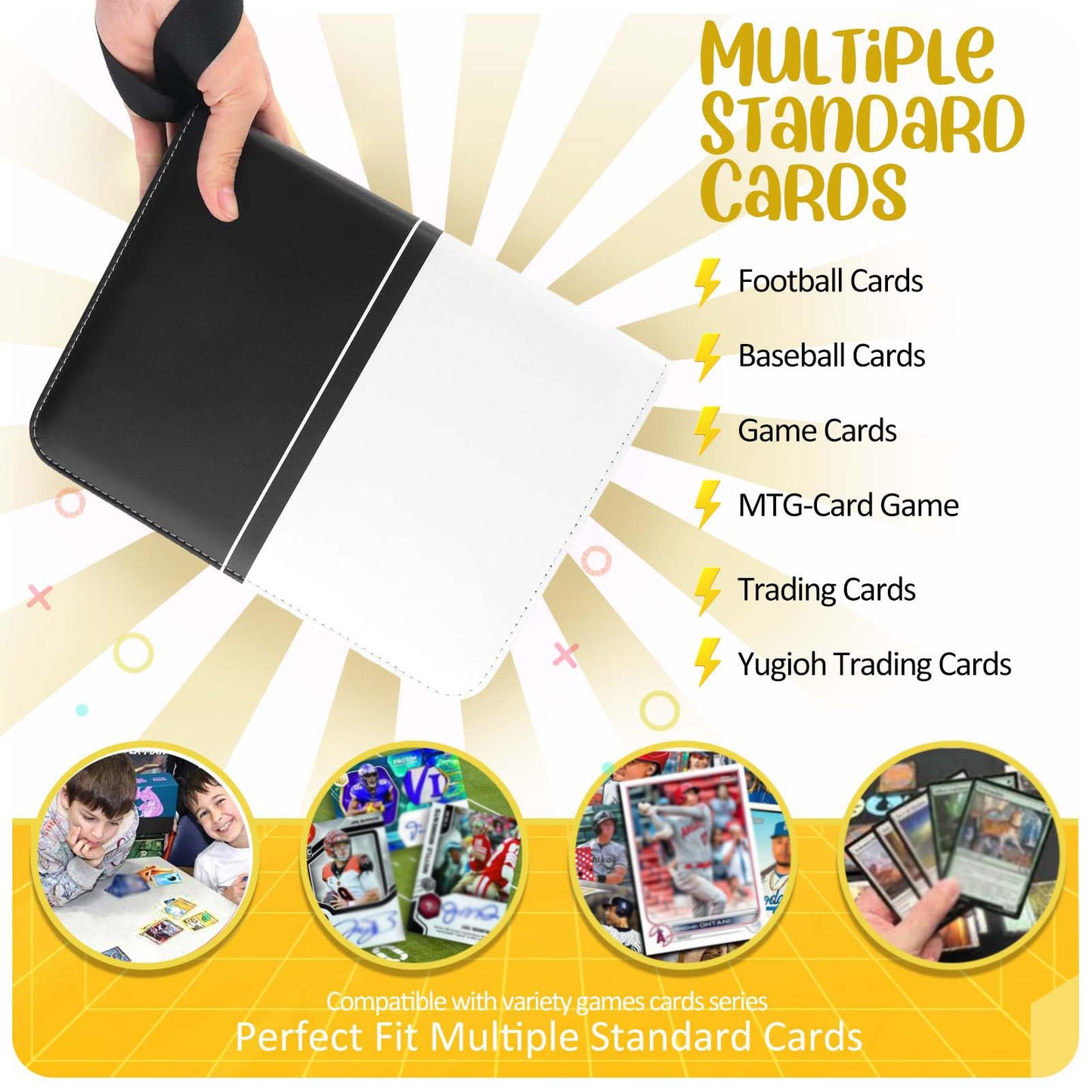 EASYFUN Card Binder 4 Pocket - Holds 400 Cards with 50 Removable Sleeves, Portable Album, Zippered Case - Black