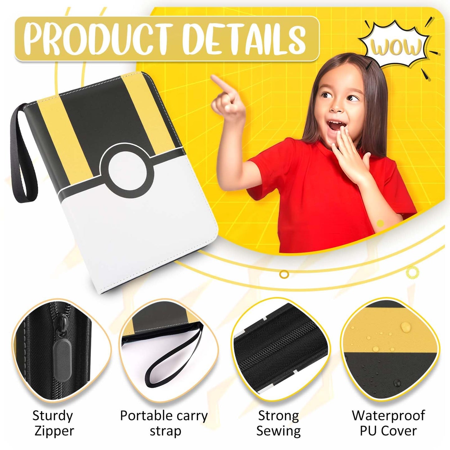 EASYFUN Card Binder 4 Pocket - Holds 400 Cards with 50 Removable Sleeves, Portable Album, Zippered Case - Black
