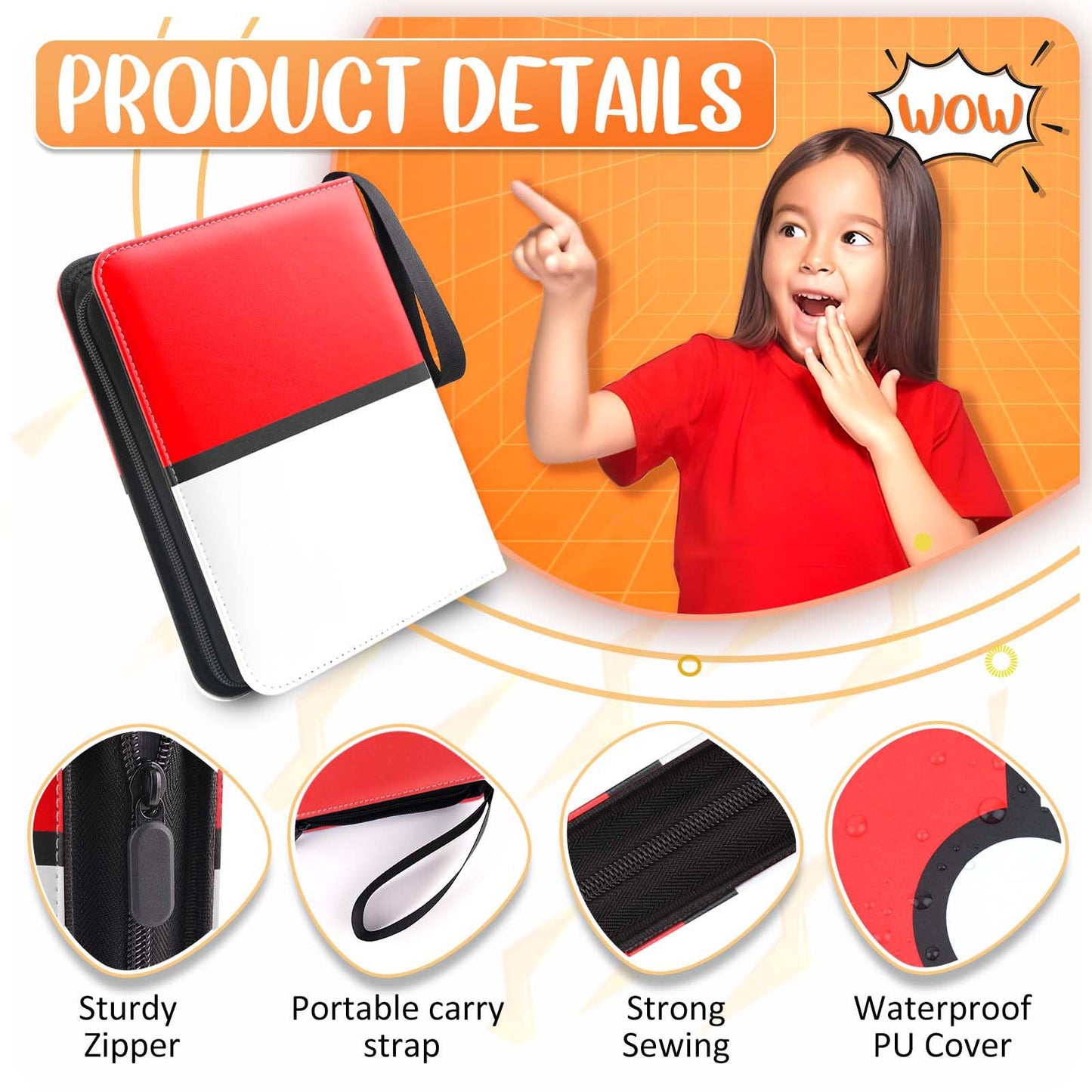 EASYFUN Card Binder 4 Pocket – Holds 400 Cards with 50 Removable Sleeves | Portable Game Card Case, Red