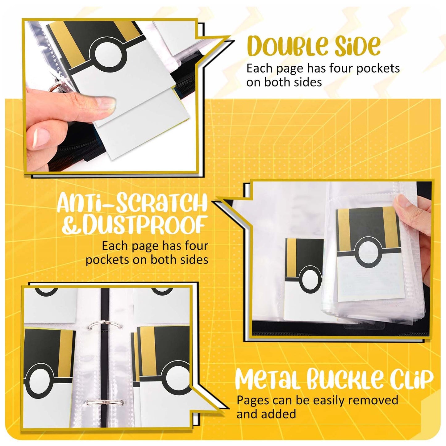 EASYFUN Card Binder 4 Pocket - Holds 400 Cards with 50 Removable Sleeves, Portable Album, Zippered Case - Black