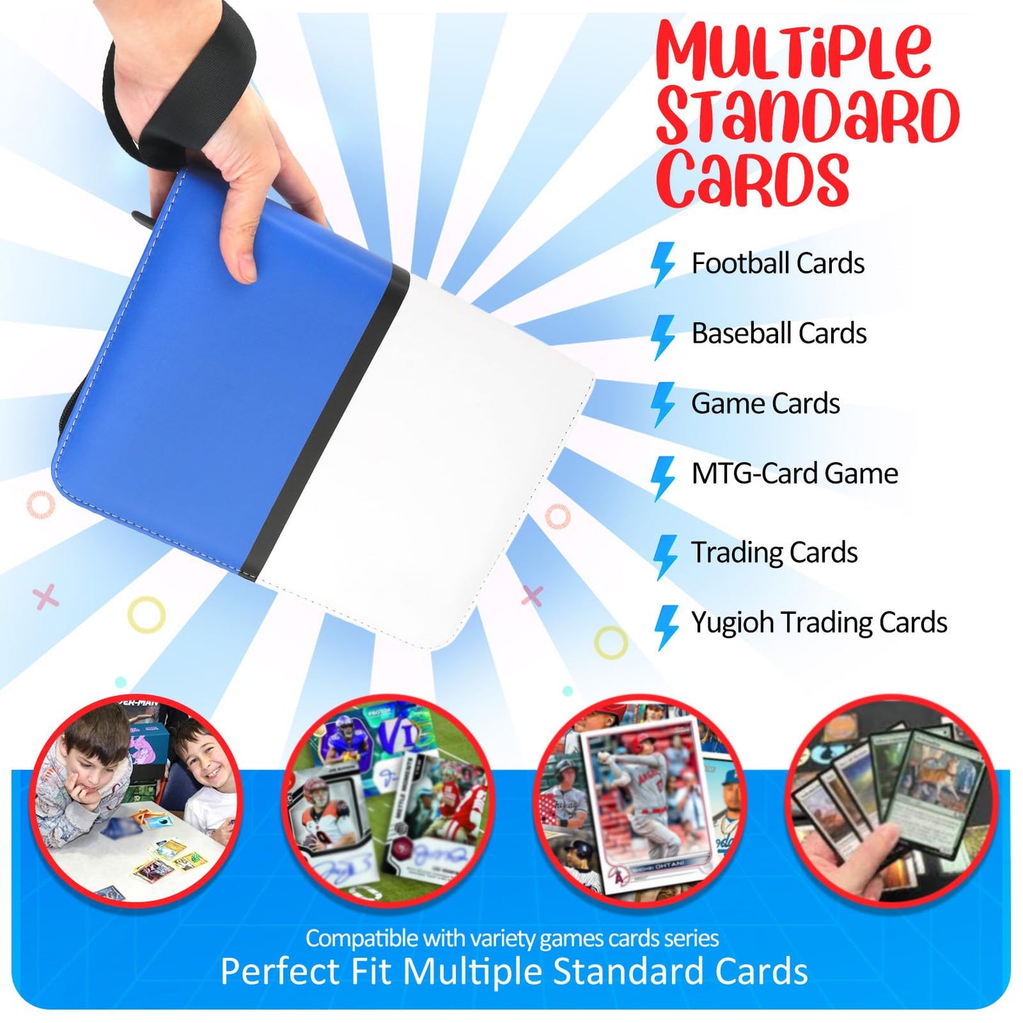 EASYFUN 900-Pocket Card Binder with Removable 50 Sleeves — Portable Zippered Album for Trading Cards (Blue)