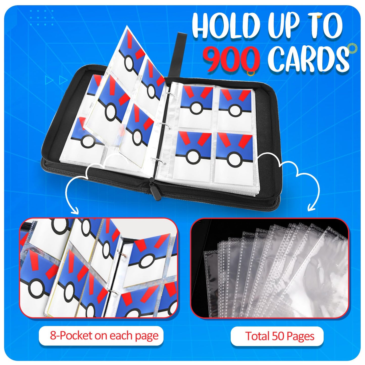 EASYFUN 900-Pocket Card Binder with Removable 50 Sleeves — Portable Zippered Album for Trading Cards (Blue)