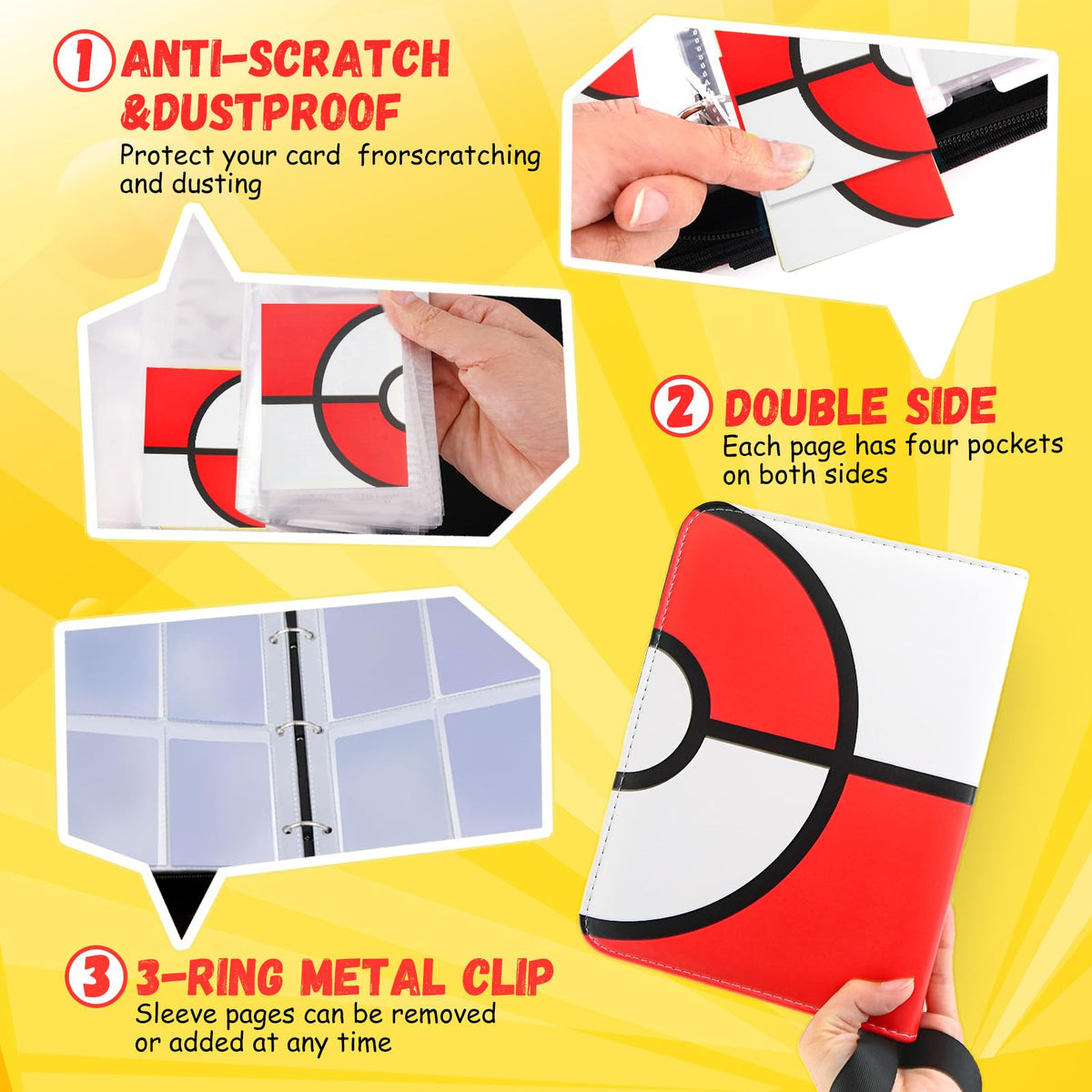 EASYFUN Card Binder 4-Pocket — 400 Cards, 50 Removable Sleeves, Waterproof Zipper Album