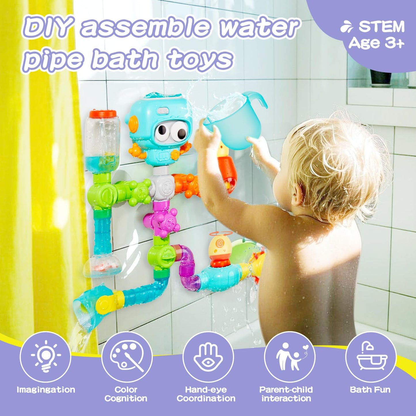 EazierWizter STEM Building Bath Toys for Kids 3-8 | DIY Water Pipe Assembly Kit with Suction Cups
