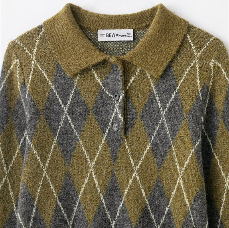 Women's Diamond-Patterned Knitted Sweater - Long Sleeve Button-Up Cardigan