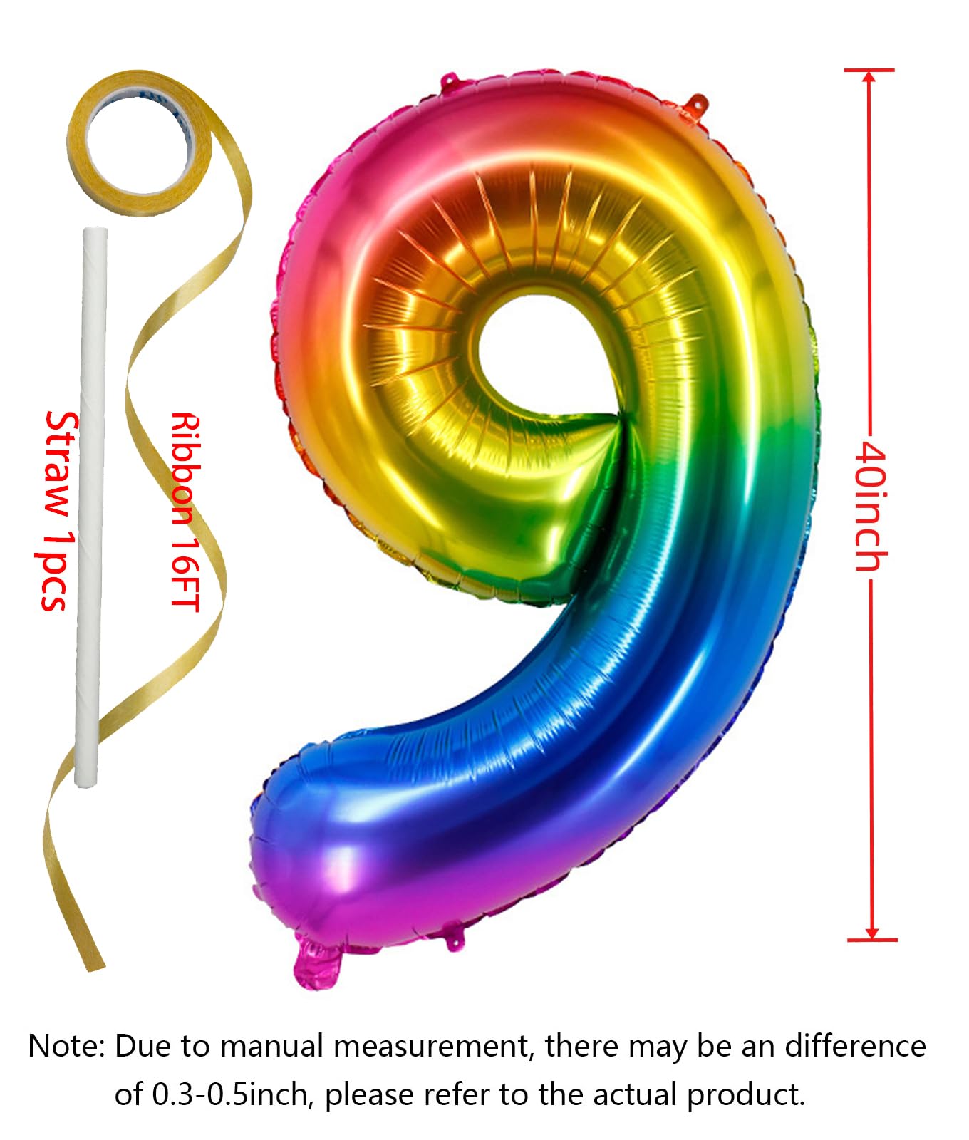 EBAIJQUO Rainbow9 40-Inch Balloon - Self-Sealing Foil Number 9 for Birthday, Anniversary & Party Decor