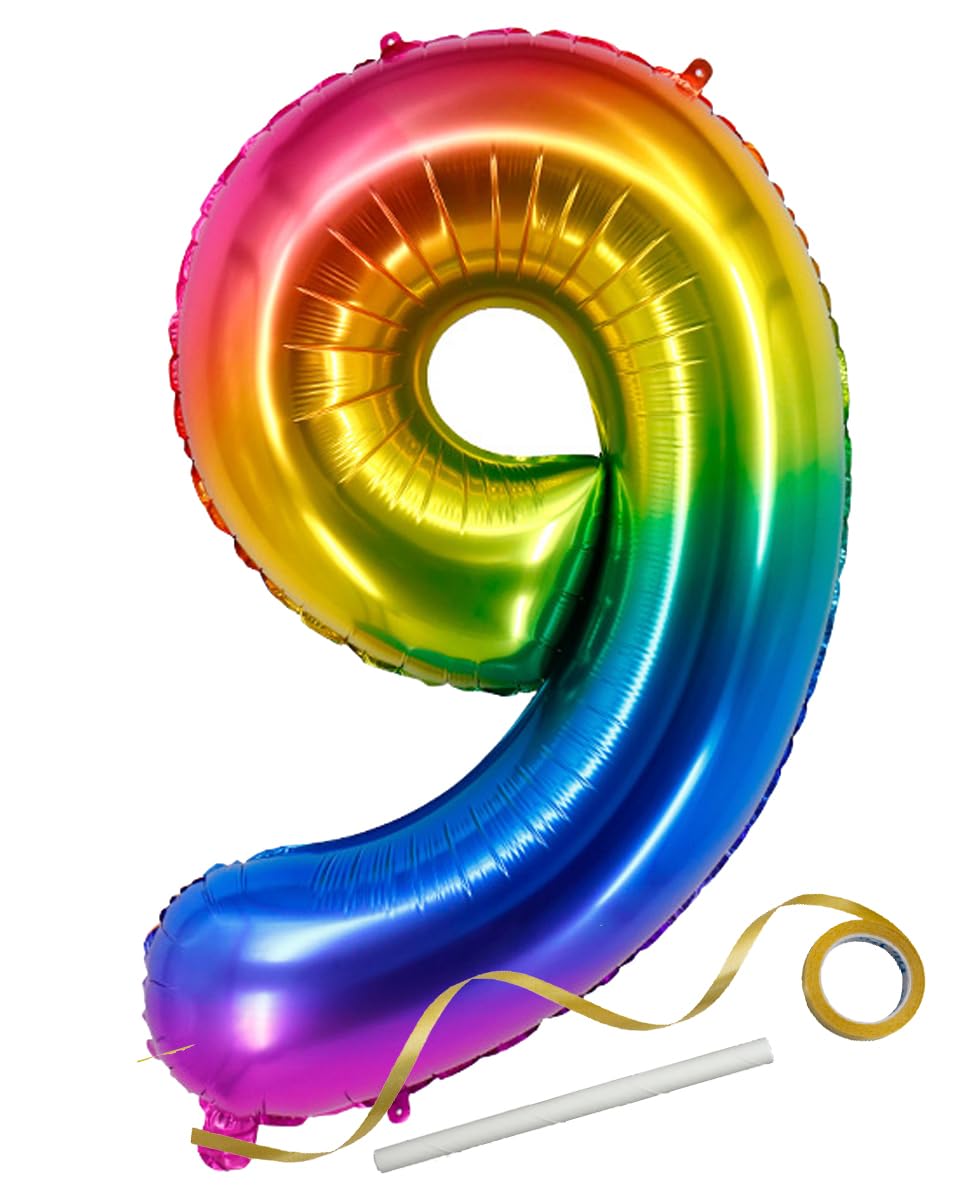 EBAIJQUO Rainbow9 40-Inch Balloon - Self-Sealing Foil Number 9 for Birthday, Anniversary & Party Decor