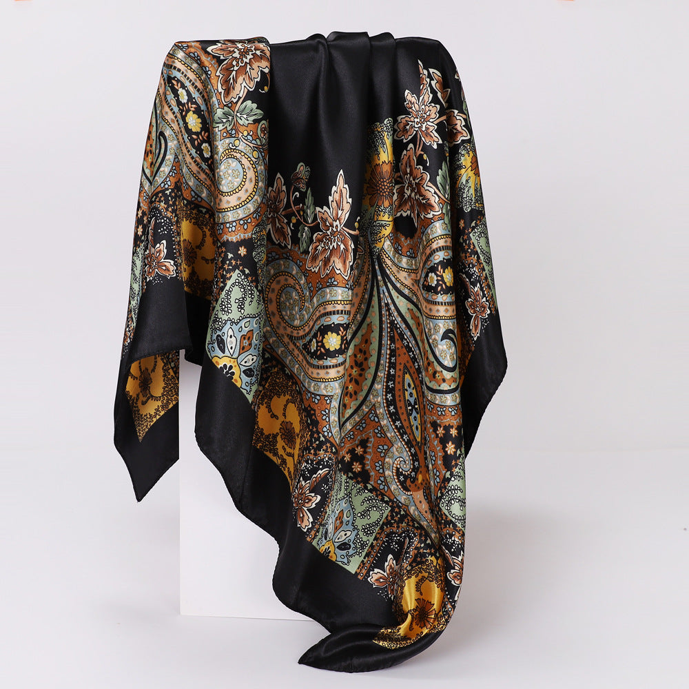 Classic Cashew-patterned Silk Satin Scarf, Printed Headscarf for Women, 90/90cm Square Scarf