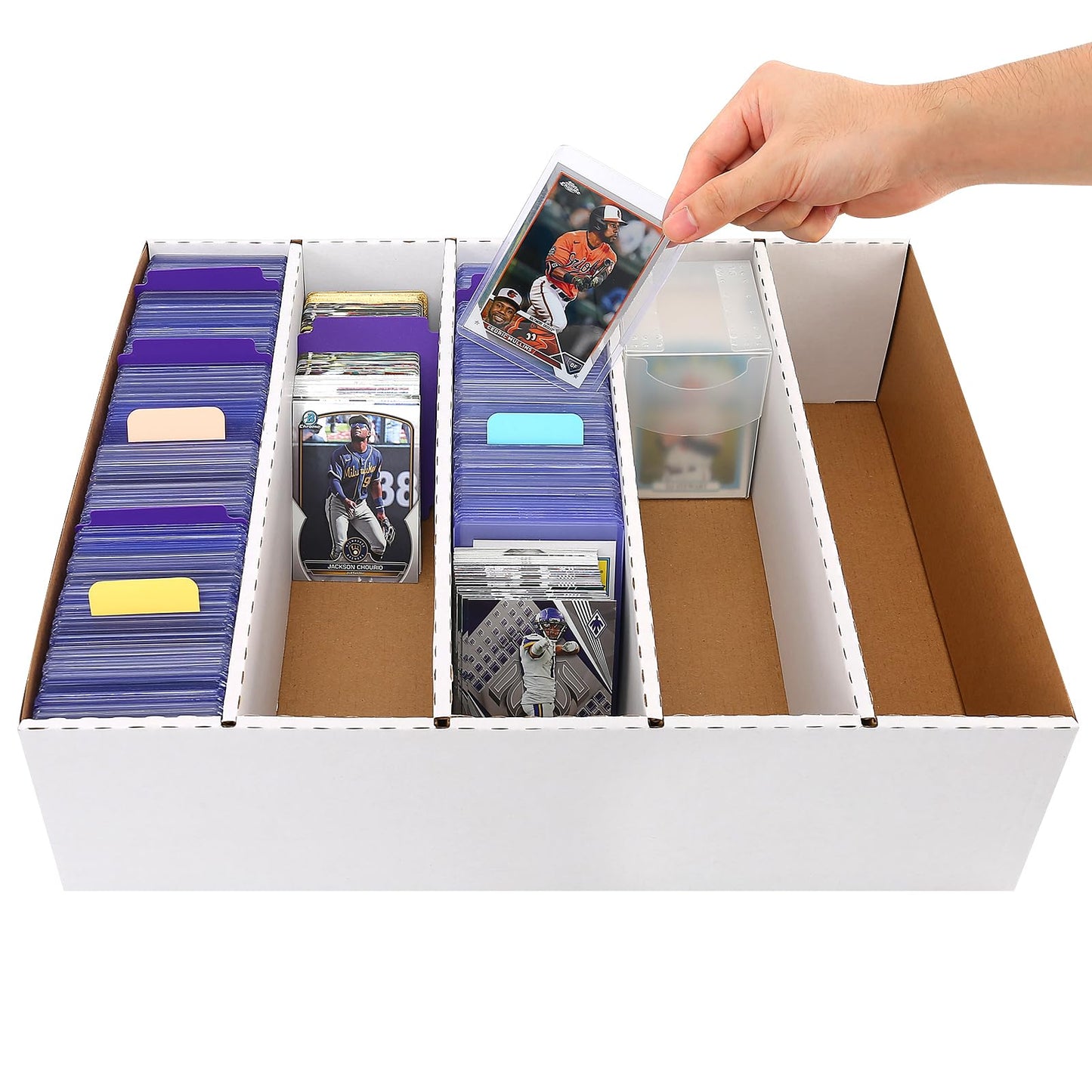 EBOAUSI 5-Row Trading Card Storage Box – 3950-Count Capacity, 32 Dividers + 48 Labels (4 Pack Large)