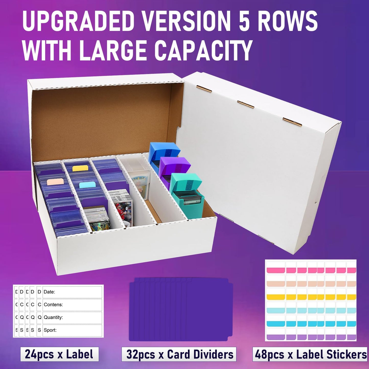 EBOAUSI 5-Row Trading Card Storage Box – 3950-Count Capacity, 32 Dividers + 48 Labels (4 Pack Large)