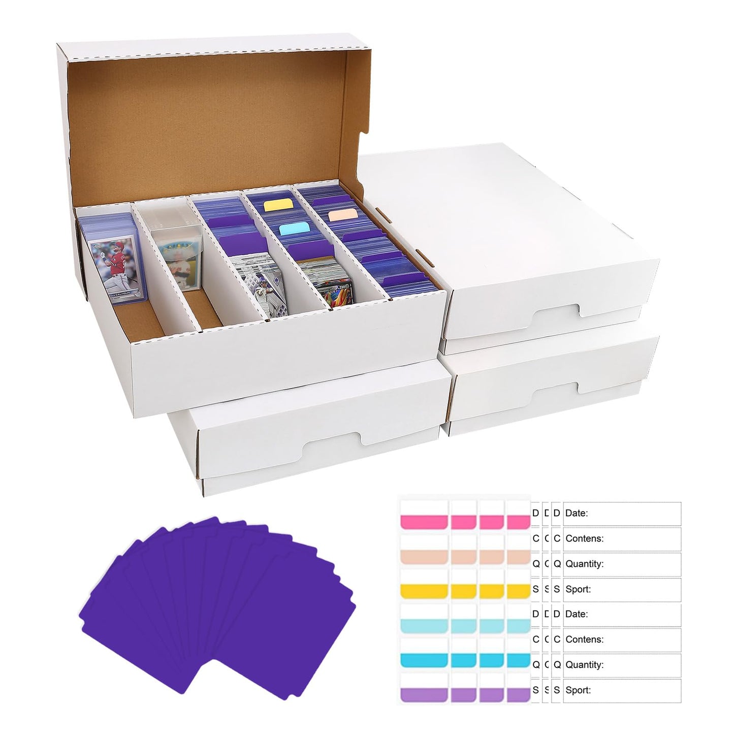 EBOAUSI 5-Row Trading Card Storage Box – 3950-Count Capacity, 32 Dividers + 48 Labels (4 Pack Large)