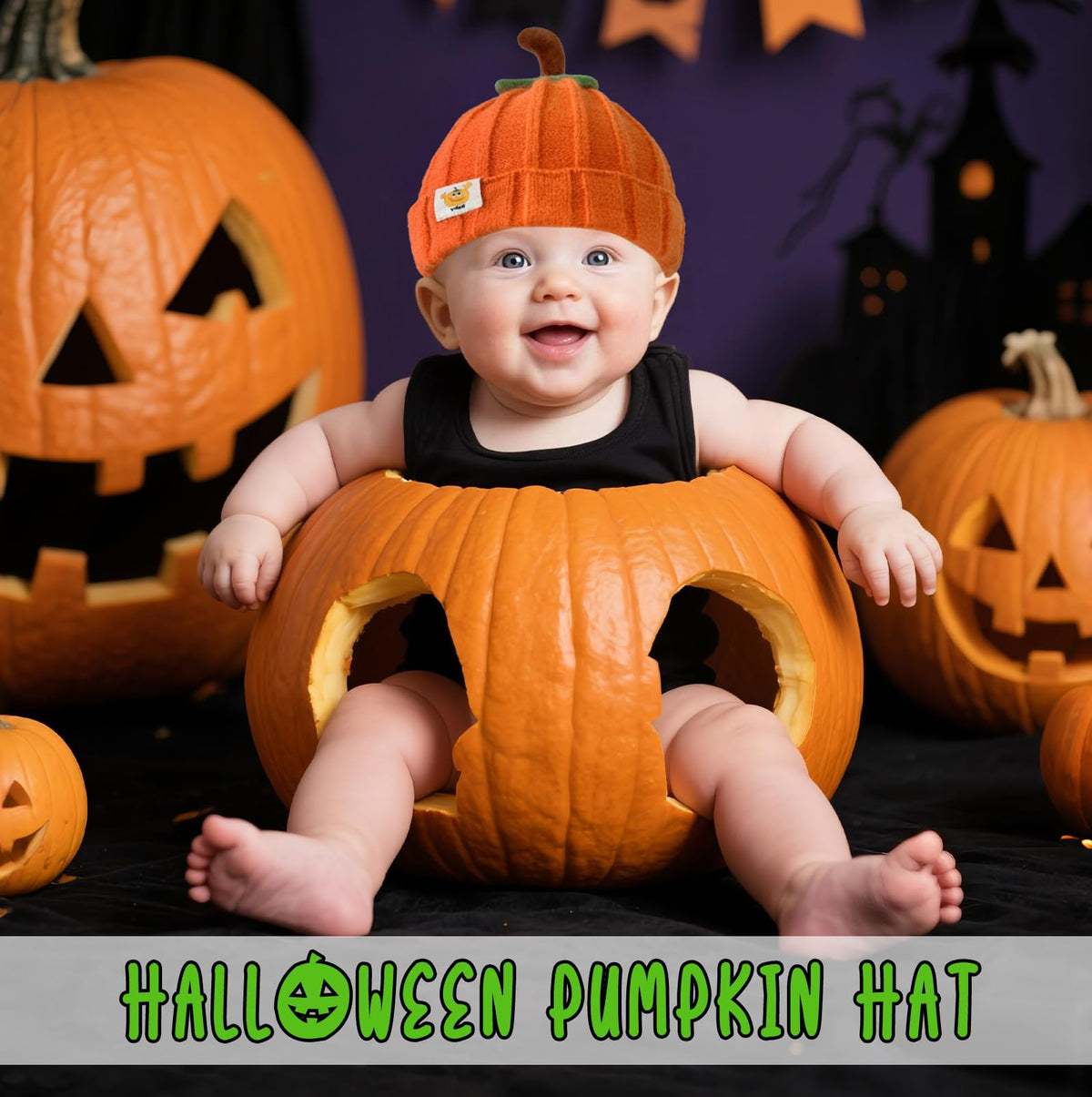 eboozone Pumpkin Hat Baby – Halloween Knit Beanie for Infants & Kids (Orange)