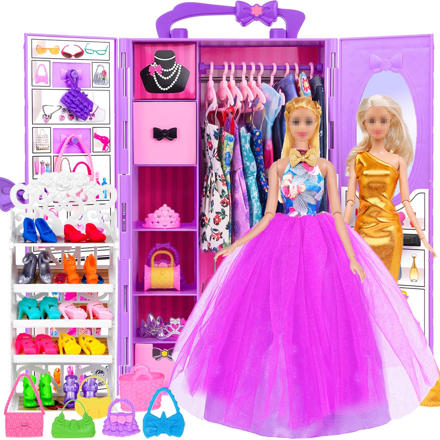 ebuddy 11.5-inch Doll Closet Playset – 101 Pcs with Wardrobe, Shoes Rack & 12 Looks