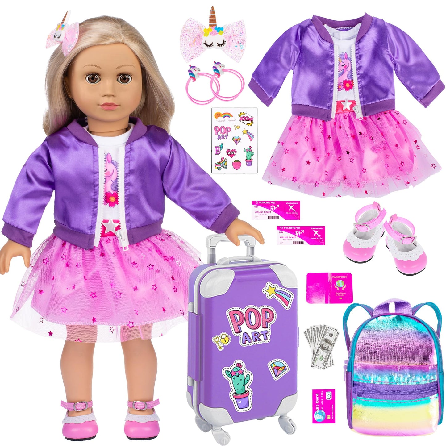 ebuddy 18 Inch Doll Clothes Travel Set with Dress, Coat, Suitcase & Accessories (No Doll Included)