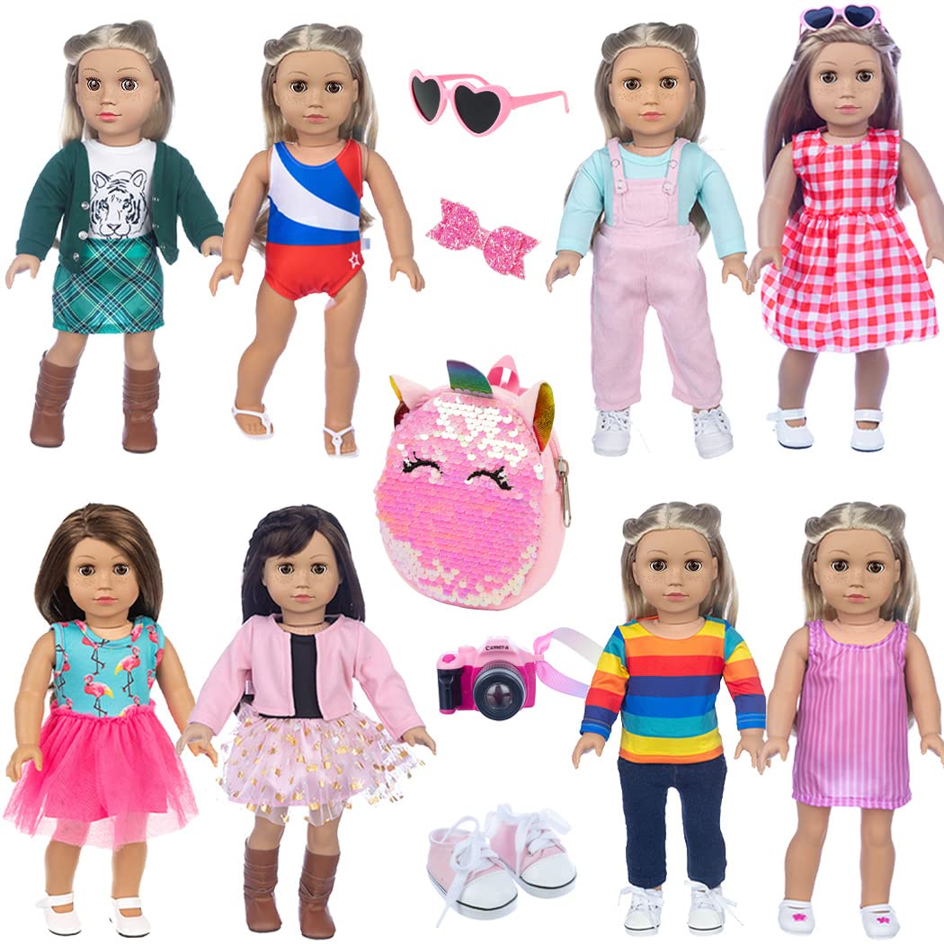 ebuddy 18-Inch Doll Clothes & Accessories — 8 Sets with Shoes, Backpack, Glasses, Camera & Pad