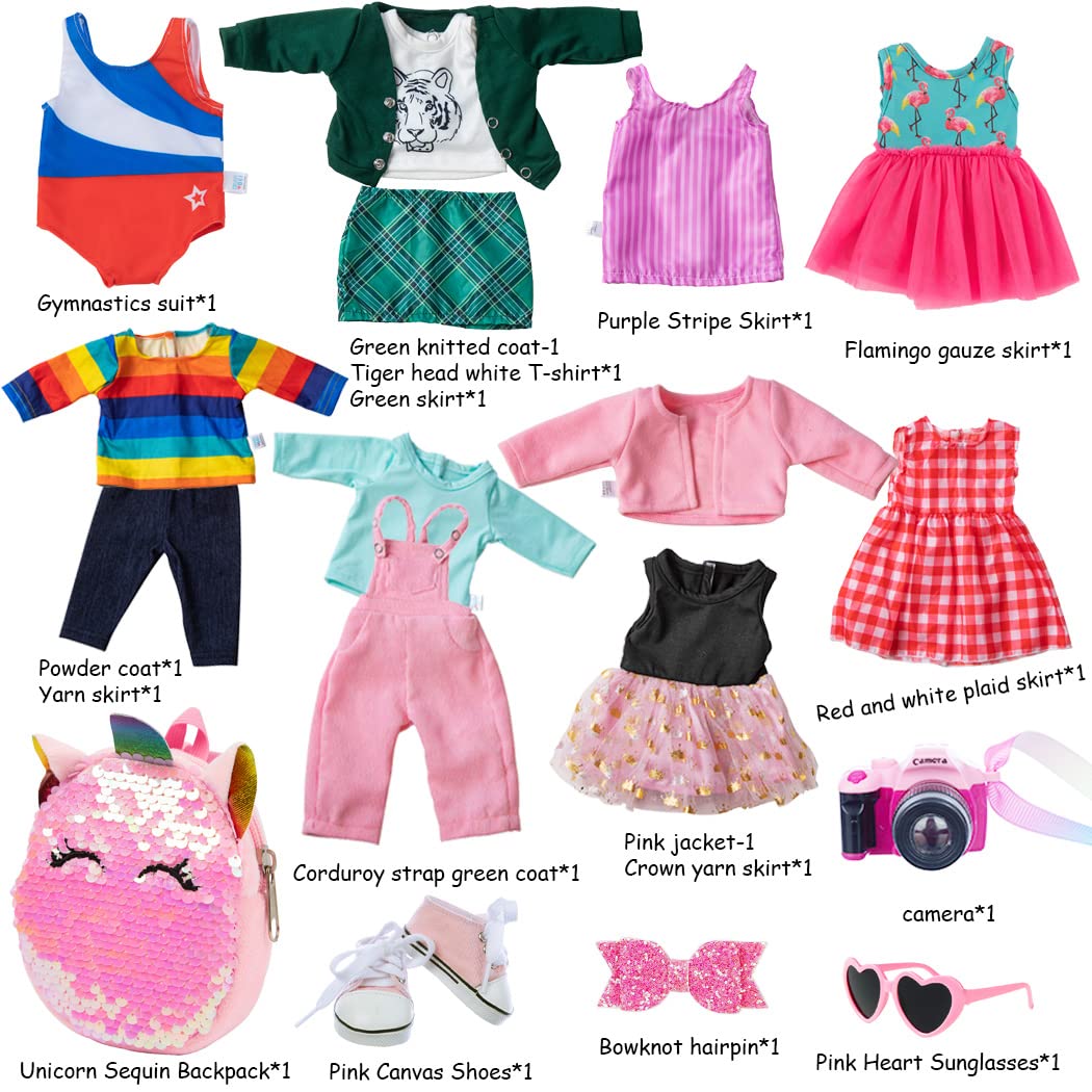 ebuddy 18-Inch Doll Clothes & Accessories — 8 Sets with Shoes, Backpack, Glasses, Camera & Pad