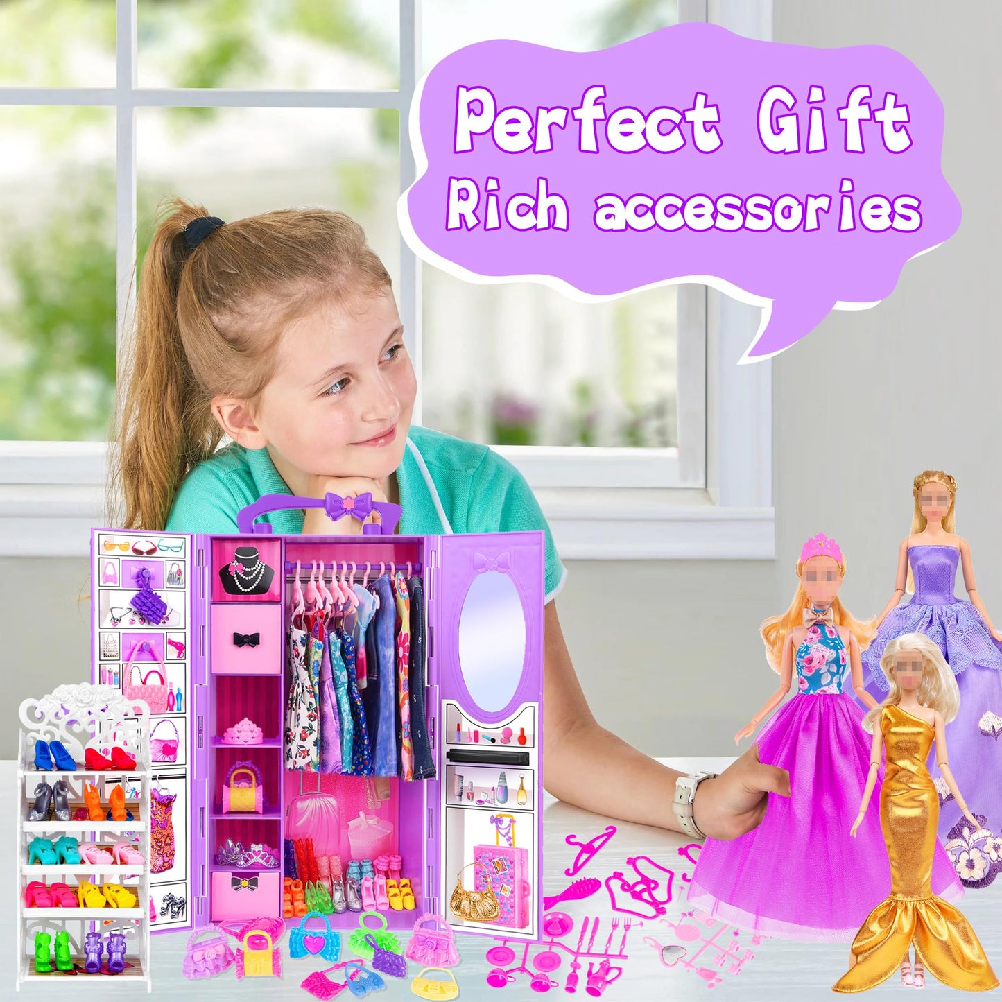 ebuddy 11.5-inch Doll Closet Playset – 101 Pcs with Wardrobe, Shoes Rack & 12 Looks