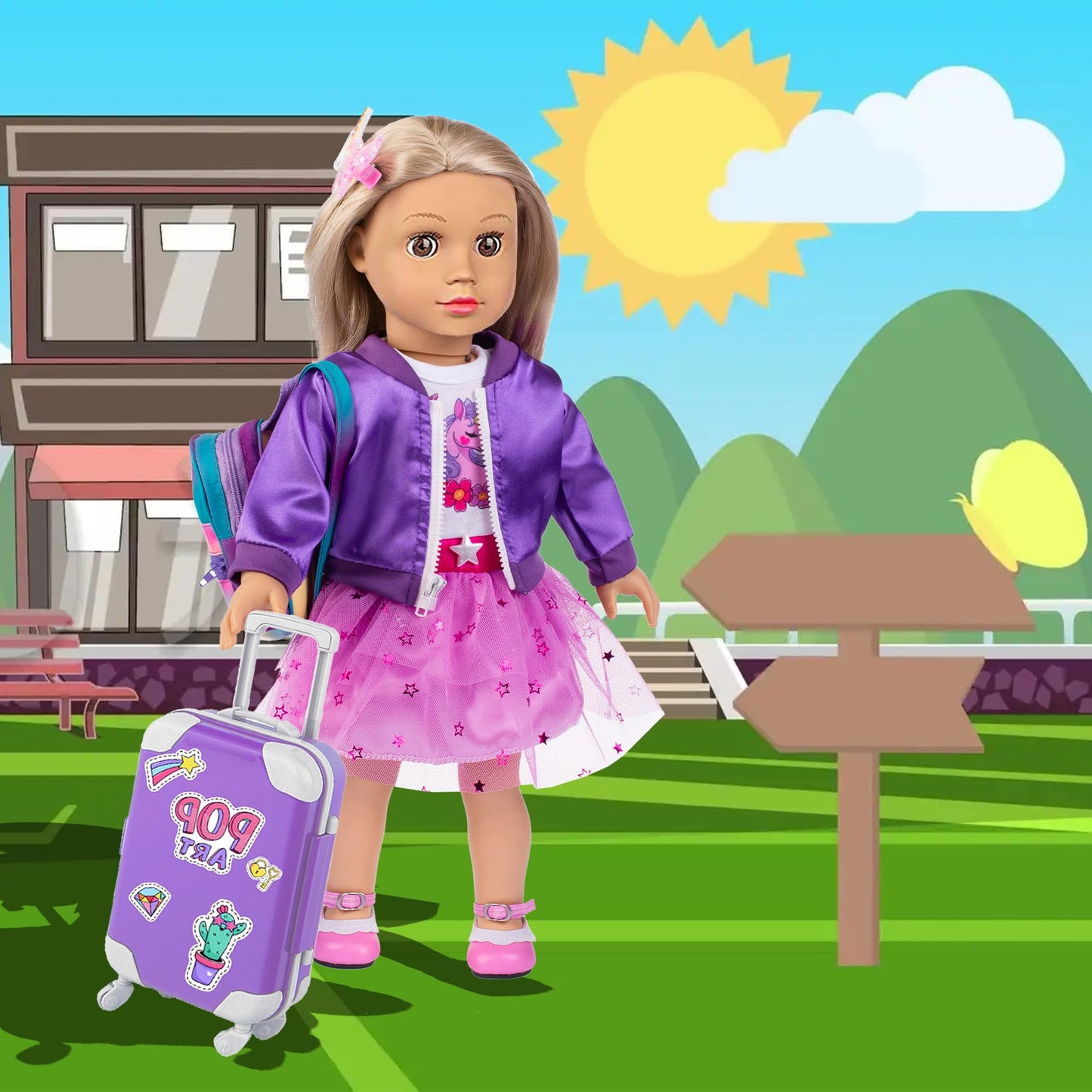 ebuddy 18 Inch Doll Clothes Travel Set with Dress, Coat, Suitcase & Accessories (No Doll Included)