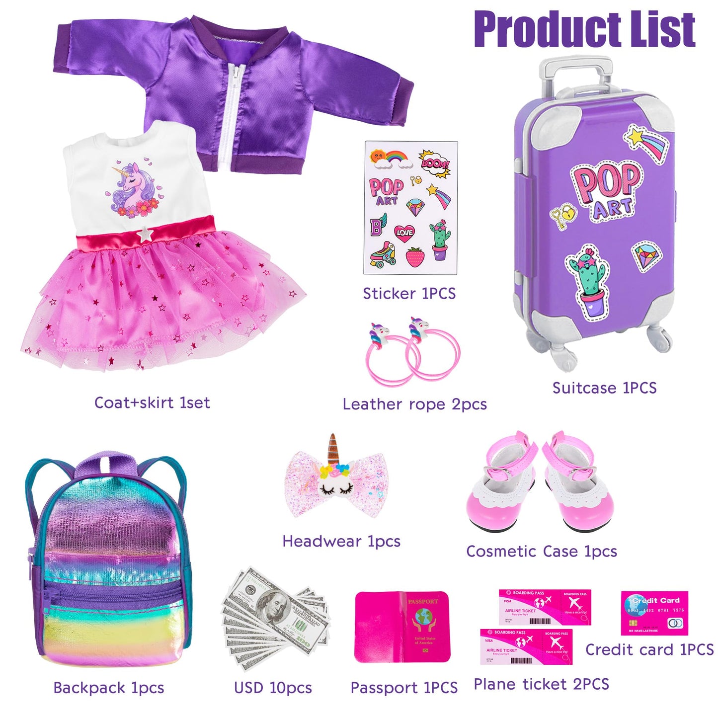 ebuddy 18 Inch Doll Clothes Travel Set with Dress, Coat, Suitcase & Accessories (No Doll Included)