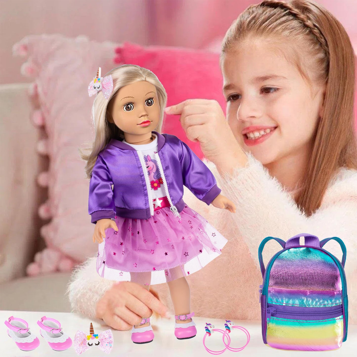 ebuddy 18 Inch Doll Clothes Travel Set with Dress, Coat, Suitcase & Accessories (No Doll Included)