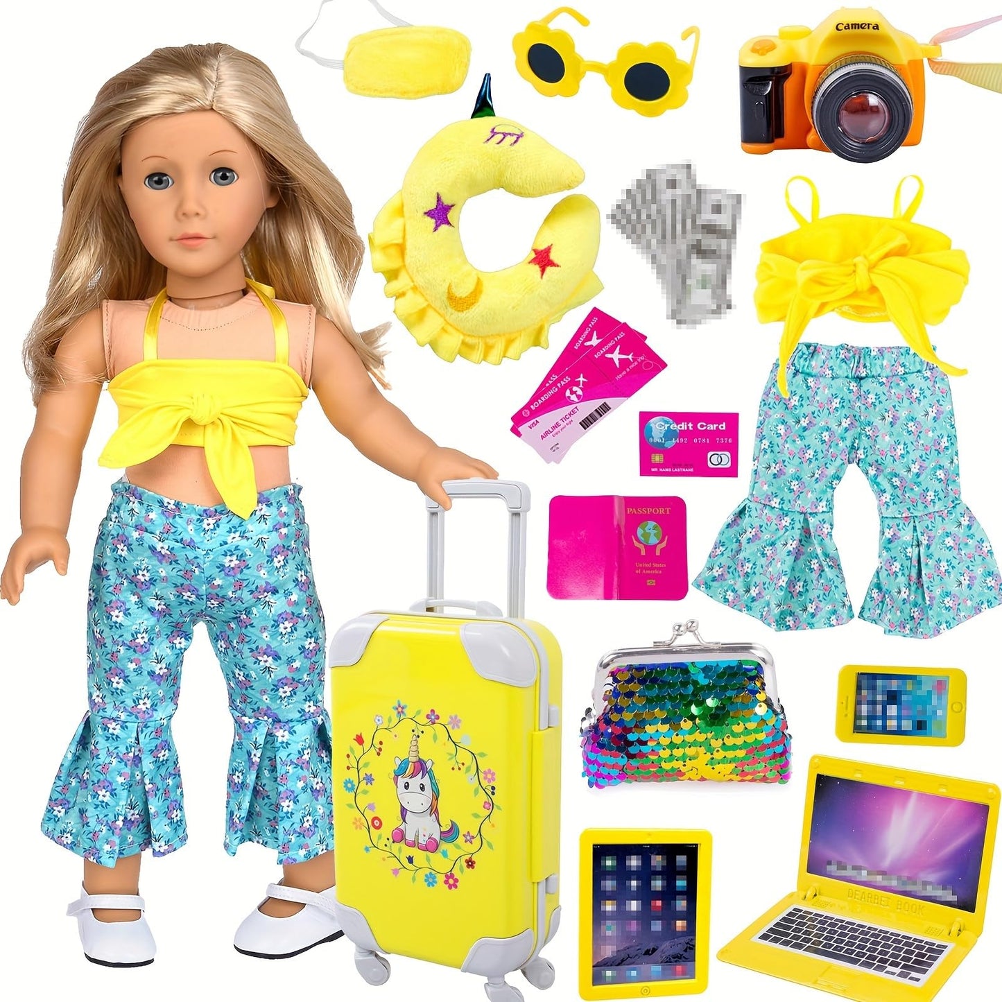 ebuddy 18-inch Doll Travel Suitcase Set with Outfit & Pretend Play Accessories | Fits 18-Inch Dolls